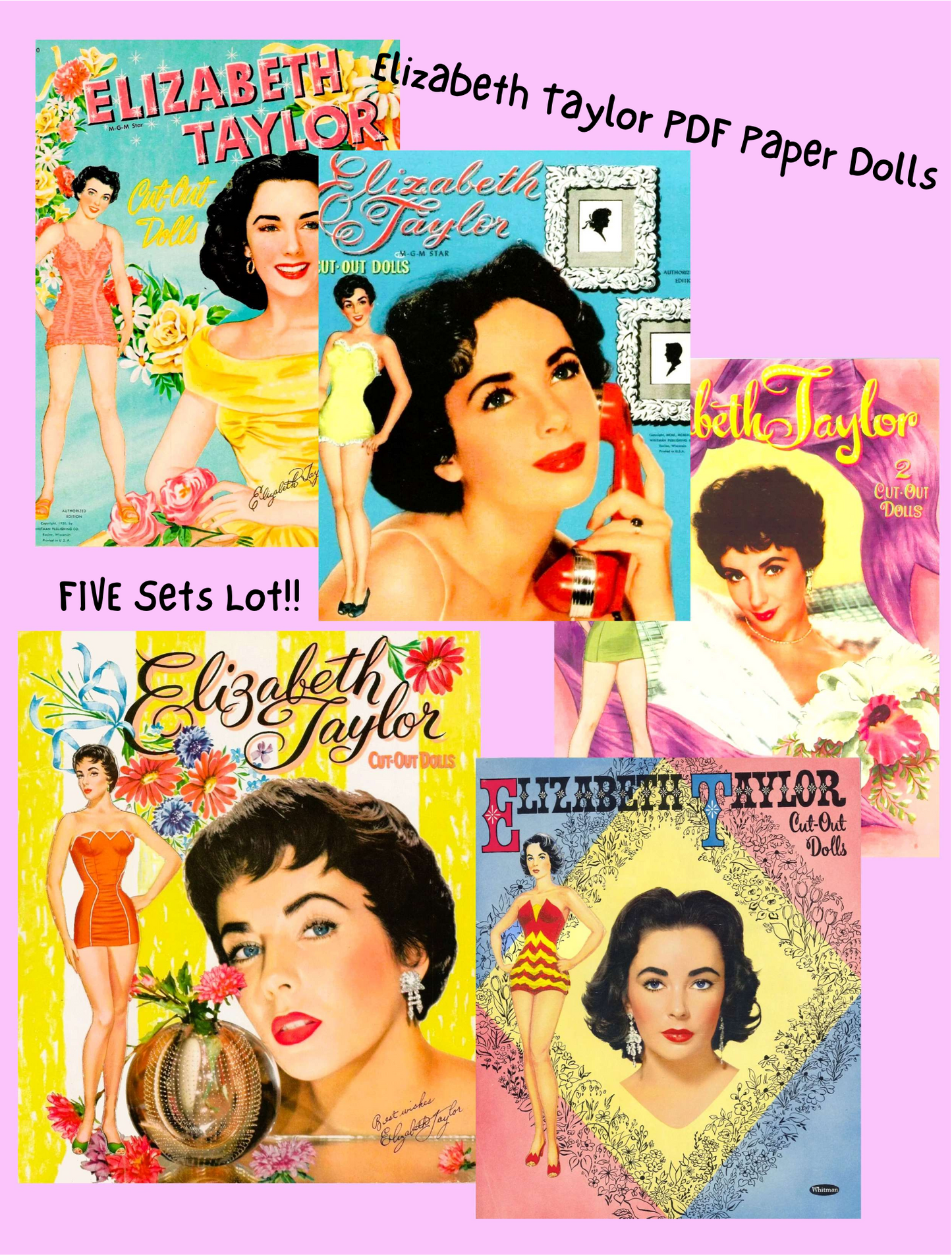 Vintage Movie Star Paper Dolls Elizabeth Taylor FIVE Set Lot 1950s PDF Printable Instant Digital Download Hollywood Actress Clipart