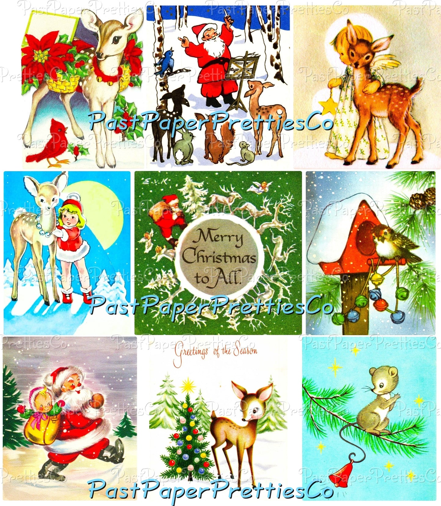 Vintage Printable Christmas Forest Friends Card 108 Images Collage Sheets Animal Santa Snowmen Kids Friendship PDF Instant Digital Download