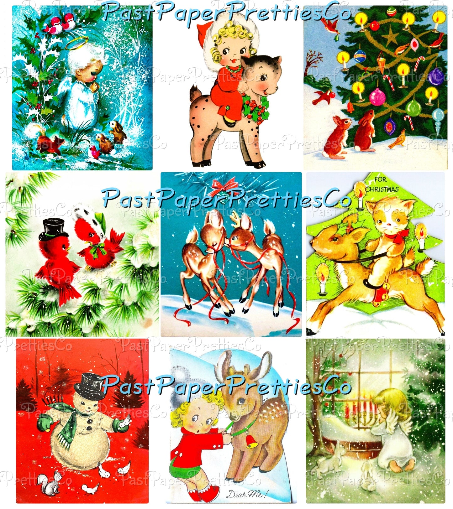 Vintage Printable Christmas Forest Friends Card 108 Images Collage Sheets Animal Santa Snowmen Kids Friendship PDF Instant Digital Download