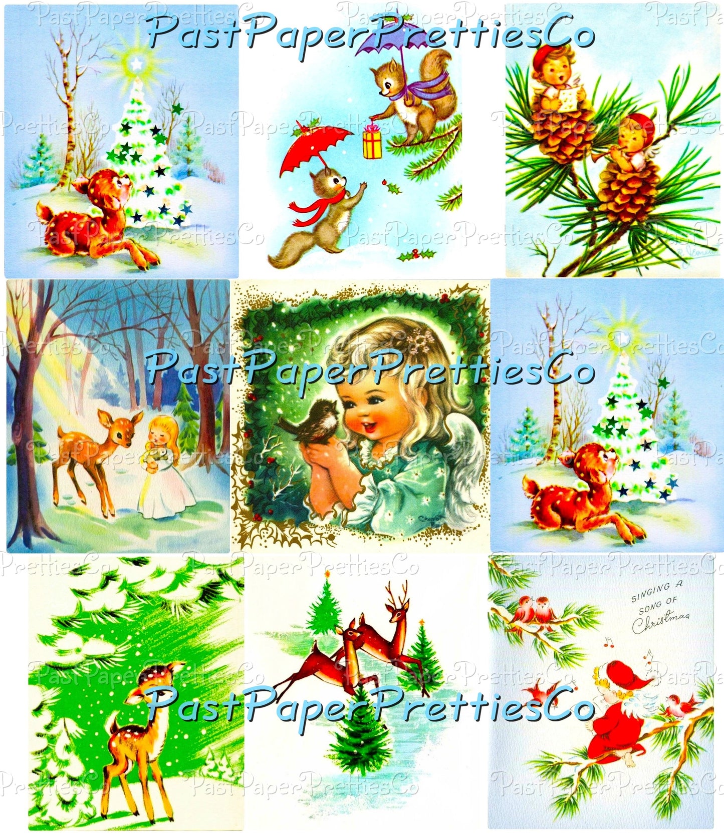 Vintage Printable Christmas Forest Friends Card 108 Images Collage Sheets Animal Santa Snowmen Kids Friendship PDF Instant Digital Download