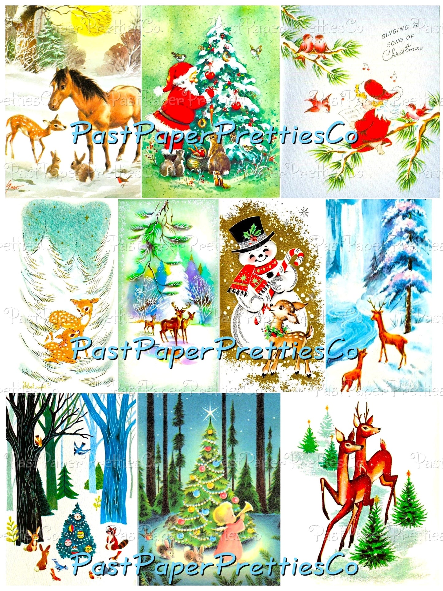 Vintage Printable Christmas Forest Friends Card 108 Images Collage Sheets Animal Santa Snowmen Kids Friendship PDF Instant Digital Download