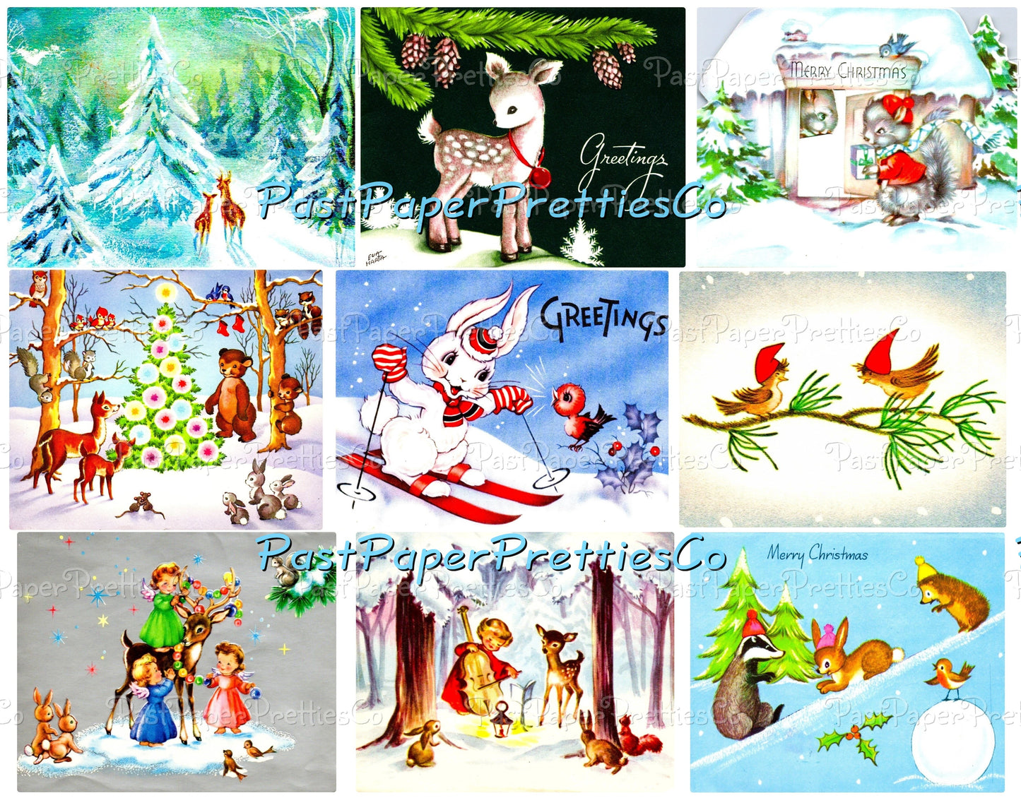 Vintage Printable Christmas Forest Friends Card 108 Images Collage Sheets Animal Santa Snowmen Kids Friendship PDF Instant Digital Download