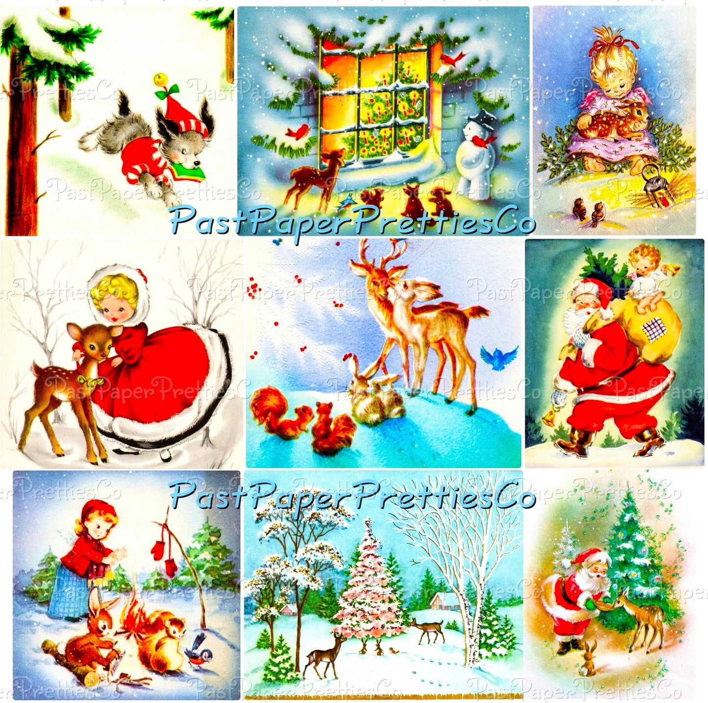 Vintage Printable Christmas Forest Friends Card 108 Images Collage Sheets Animal Santa Snowmen Kids Friendship PDF Instant Digital Download
