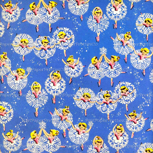 Vintage Printable Christmas Gift Wrap Skating Snowflake Ballerina Girls Instant Digital Download Kitsch Cute Dancers Wrapping Paper