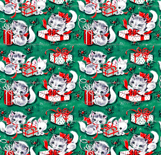Vintage Christmas Cats Gift Wrap Cute Kitties Printable Collage Sheet Instant Digital Download Kitsch Wrapping Paper Kawaii Design 1940s