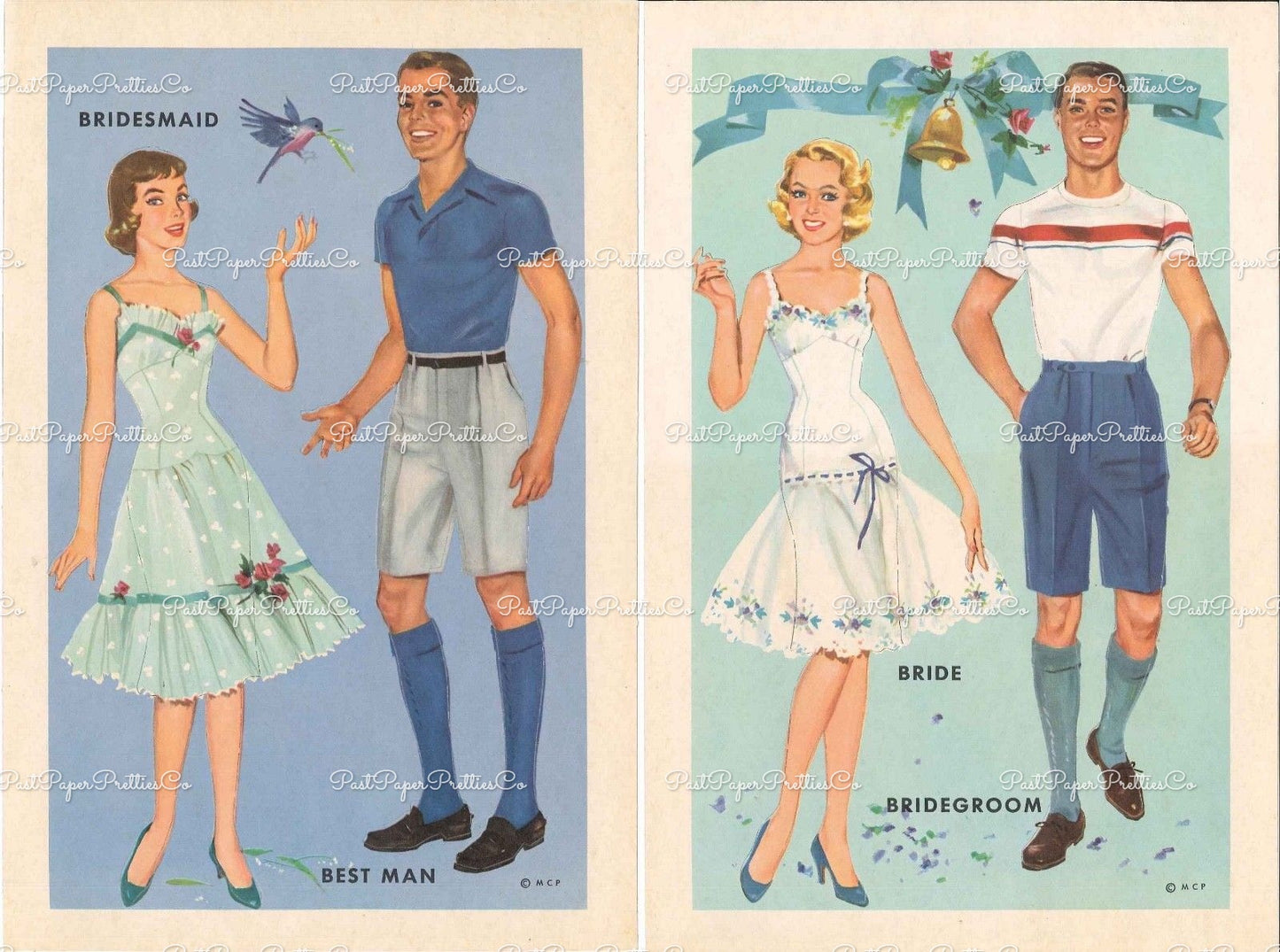 Vintage Paper Dolls The Heavenly Blue Wedding c. 1955 Printable PDF Instant Digital Download Wedding 6 Bridal Party Dolls & Clothes Clip Art