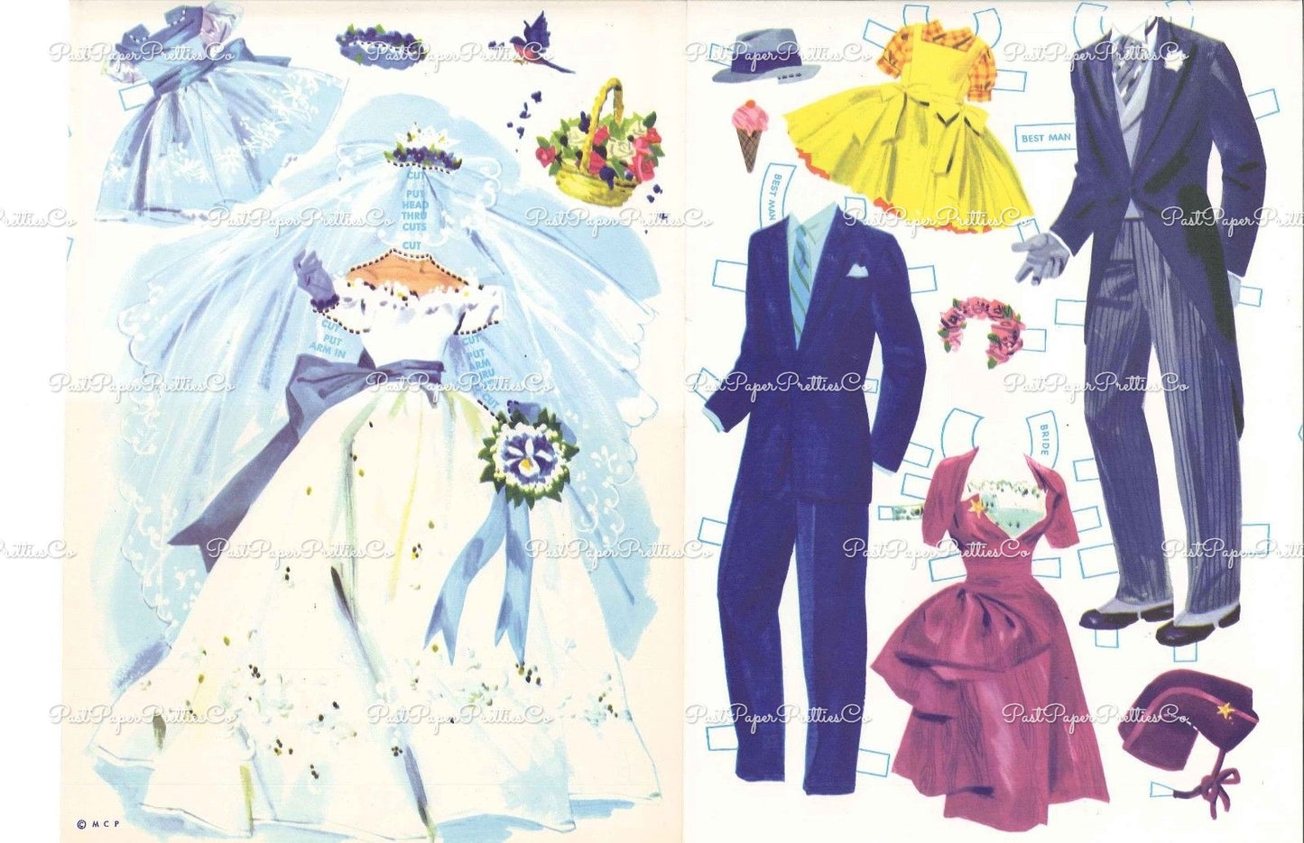 Vintage Paper Dolls The Heavenly Blue Wedding c. 1955 Printable PDF Instant Digital Download Wedding 6 Bridal Party Dolls & Clothes Clip Art