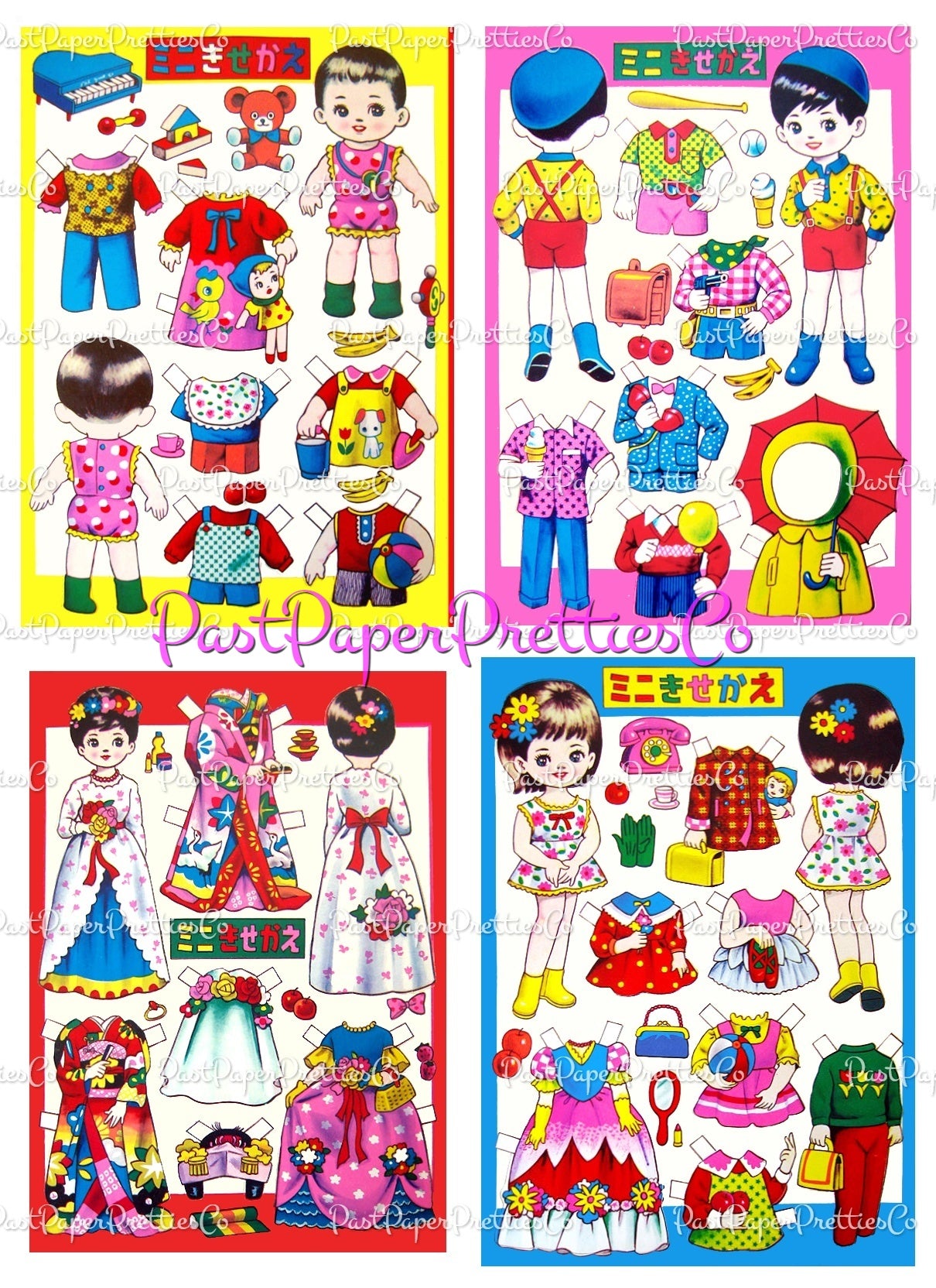 Vintage Printable Japanese Paper Dolls Cute Children Girls Boy Collage Sheets Kawaii Paper Toys PDF Instant Digital Download 4 Sheets