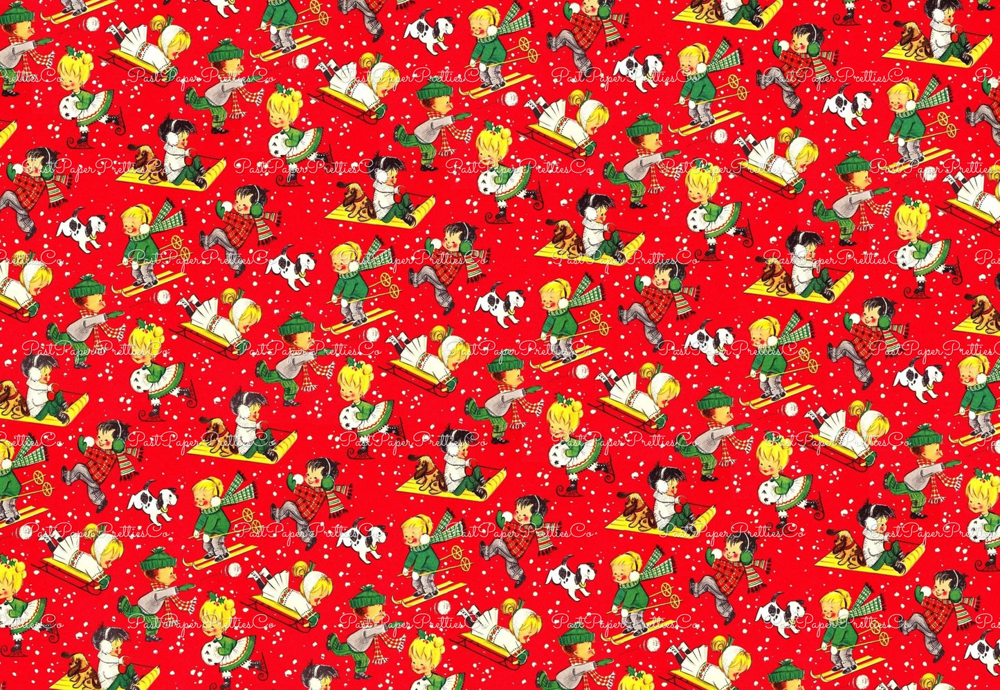Vintage Printable Christmas Gift Wrap Cute Children at Play Red Retro MCM Wrapping Paper Collage Sheet Instant Digital Download