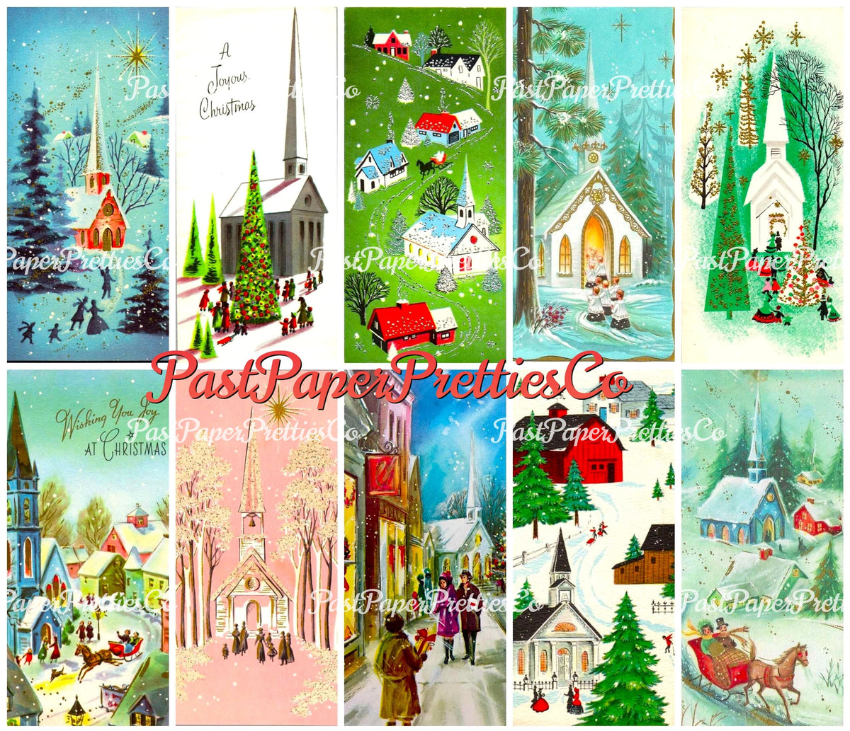 Vintage Christmas Card Collages MCM Town Churches 109 Images Printable PDF Instant Digital Download Holiday Clipart