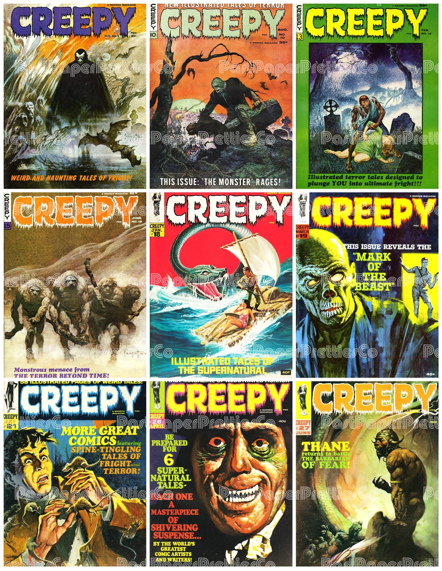 Vintage Retro Movie Monster Magazine Covers Collage Images Halloween PDF Instant Digital Download 24x9 Printable Sheets Spooky MCM Creatures