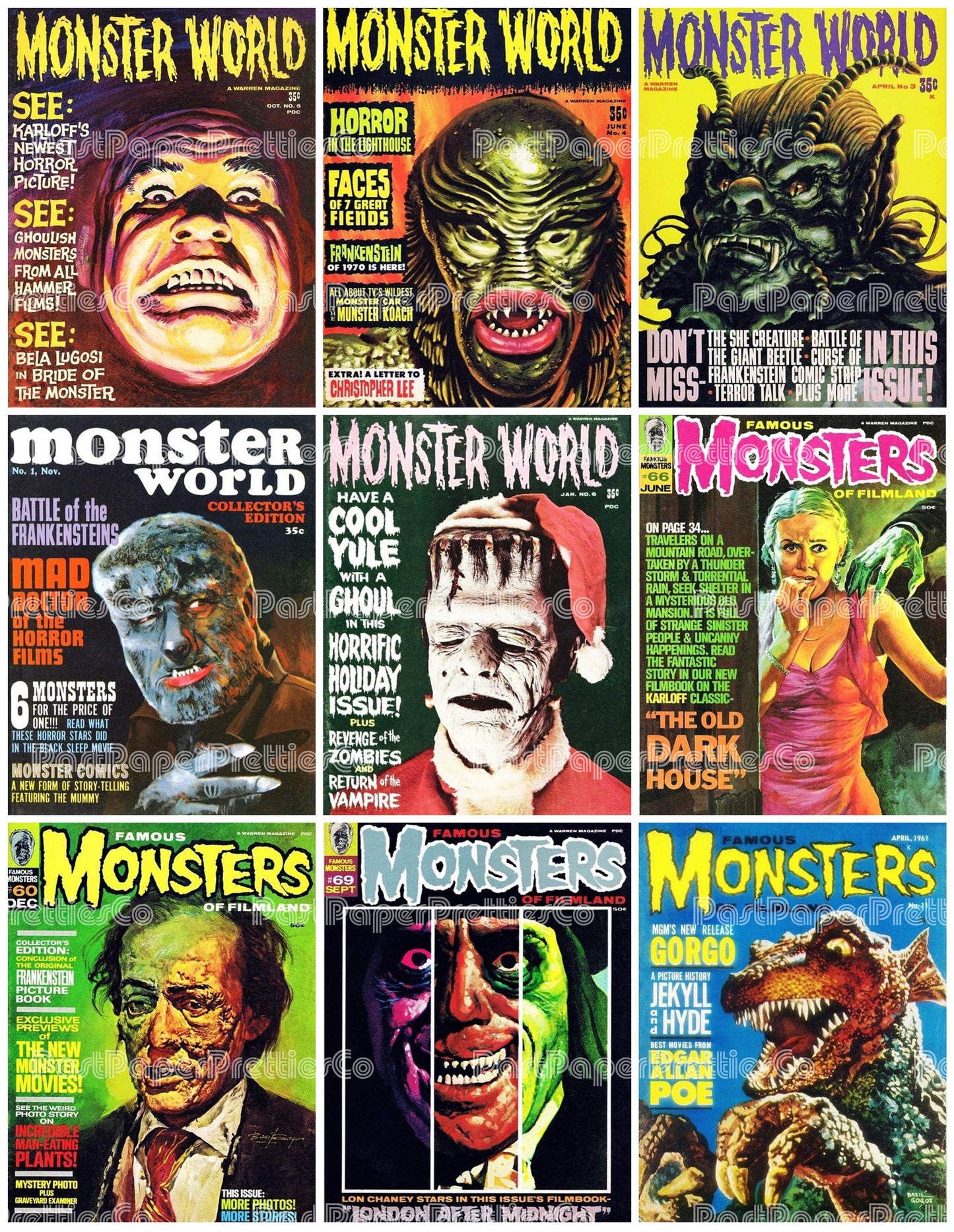 Vintage Retro Movie Monster Magazine Covers Collage Images Halloween PDF Instant Digital Download 24x9 Printable Sheets Spooky MCM Creatures