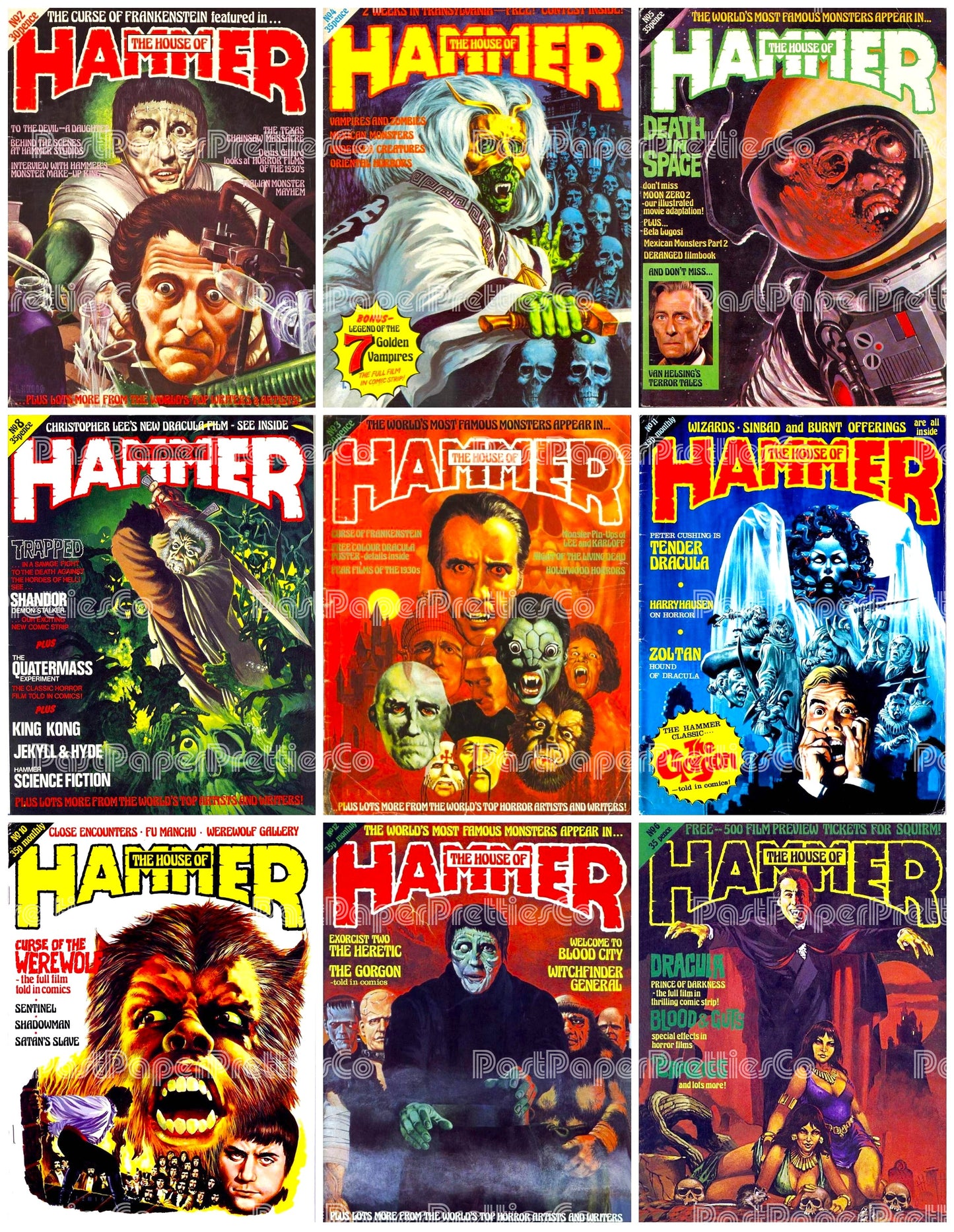 Vintage Retro Movie Monster Magazine Covers Collage Images Halloween PDF Instant Digital Download 24x9 Printable Sheets Spooky MCM Creatures