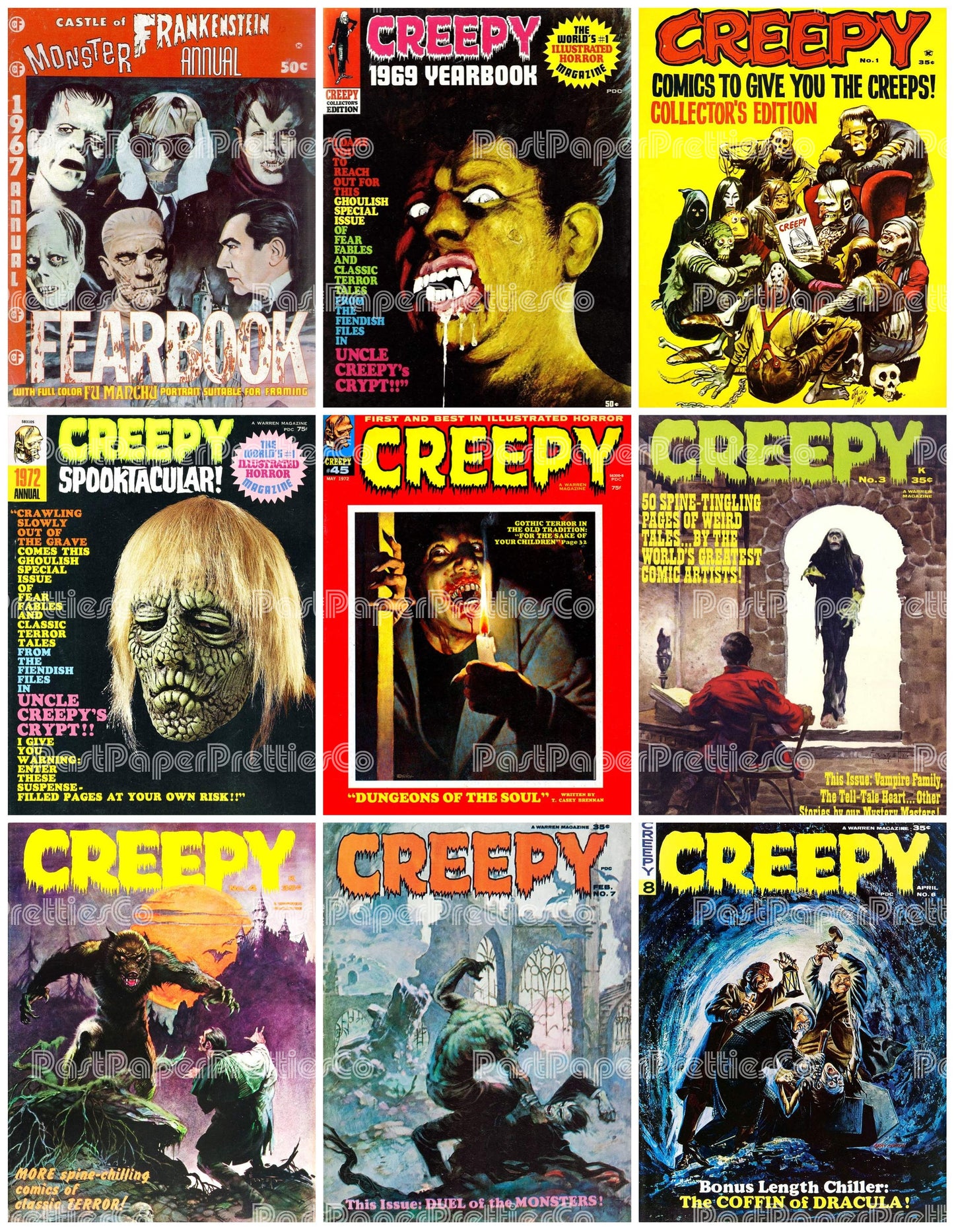 Vintage Retro Movie Monster Magazine Covers Collage Images Halloween PDF Instant Digital Download 24x9 Printable Sheets Spooky MCM Creatures