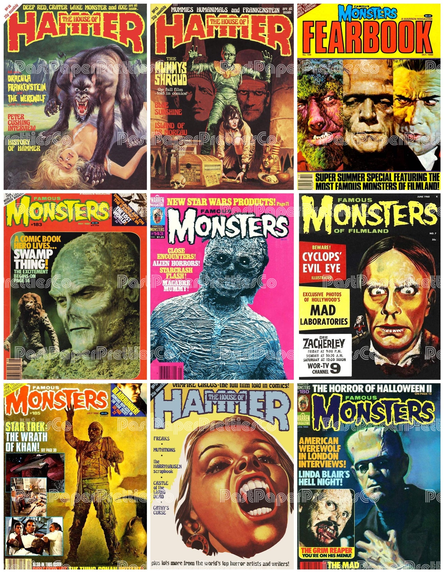 Vintage Retro Movie Monster Magazine Covers Collage Images Halloween PDF Instant Digital Download 24x9 Printable Sheets Spooky MCM Creatures