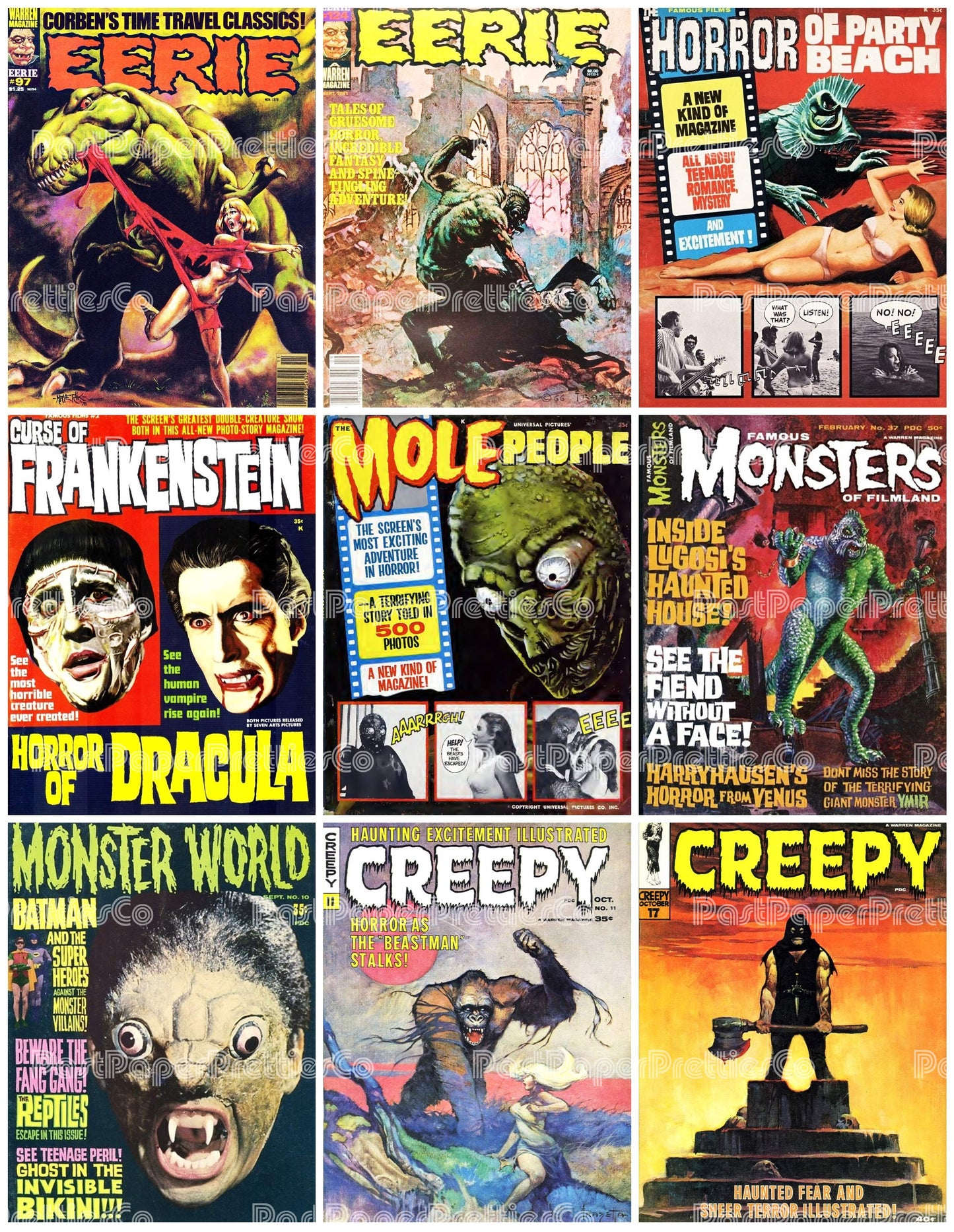 Vintage Retro Movie Monster Magazine Covers Collage Images Halloween PDF Instant Digital Download 24x9 Printable Sheets Spooky MCM Creatures