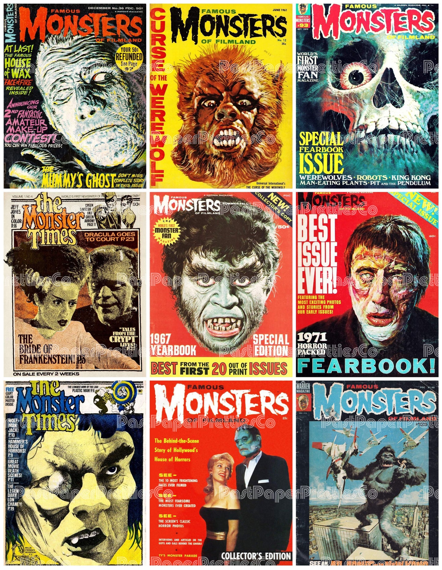 Vintage Retro Movie Monster Magazine Covers Collage Images Halloween PDF Instant Digital Download 24x9 Printable Sheets Spooky MCM Creatures