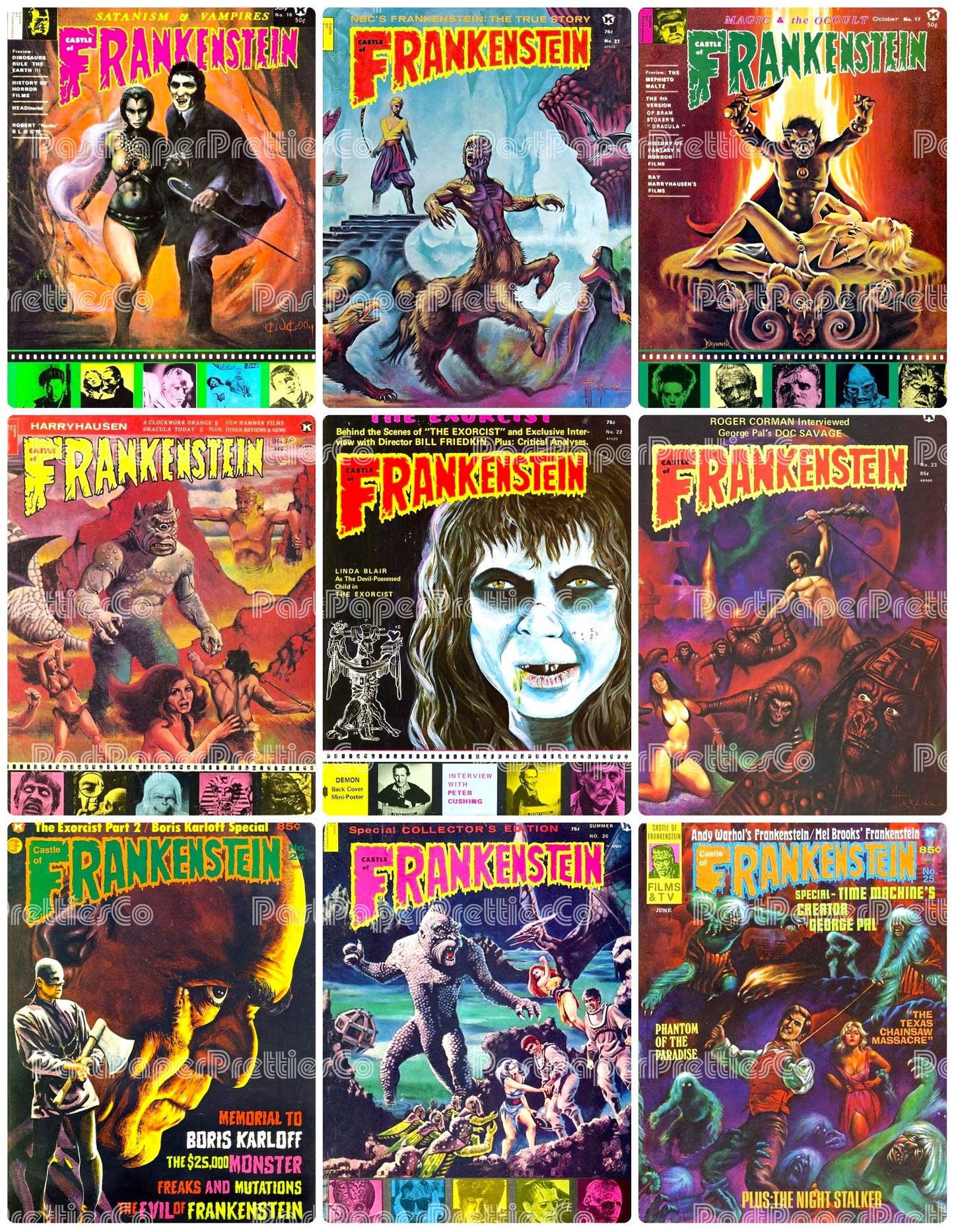 Vintage Retro Movie Monster Magazine Covers Collage Images Halloween PDF Instant Digital Download 24x9 Printable Sheets Spooky MCM Creatures