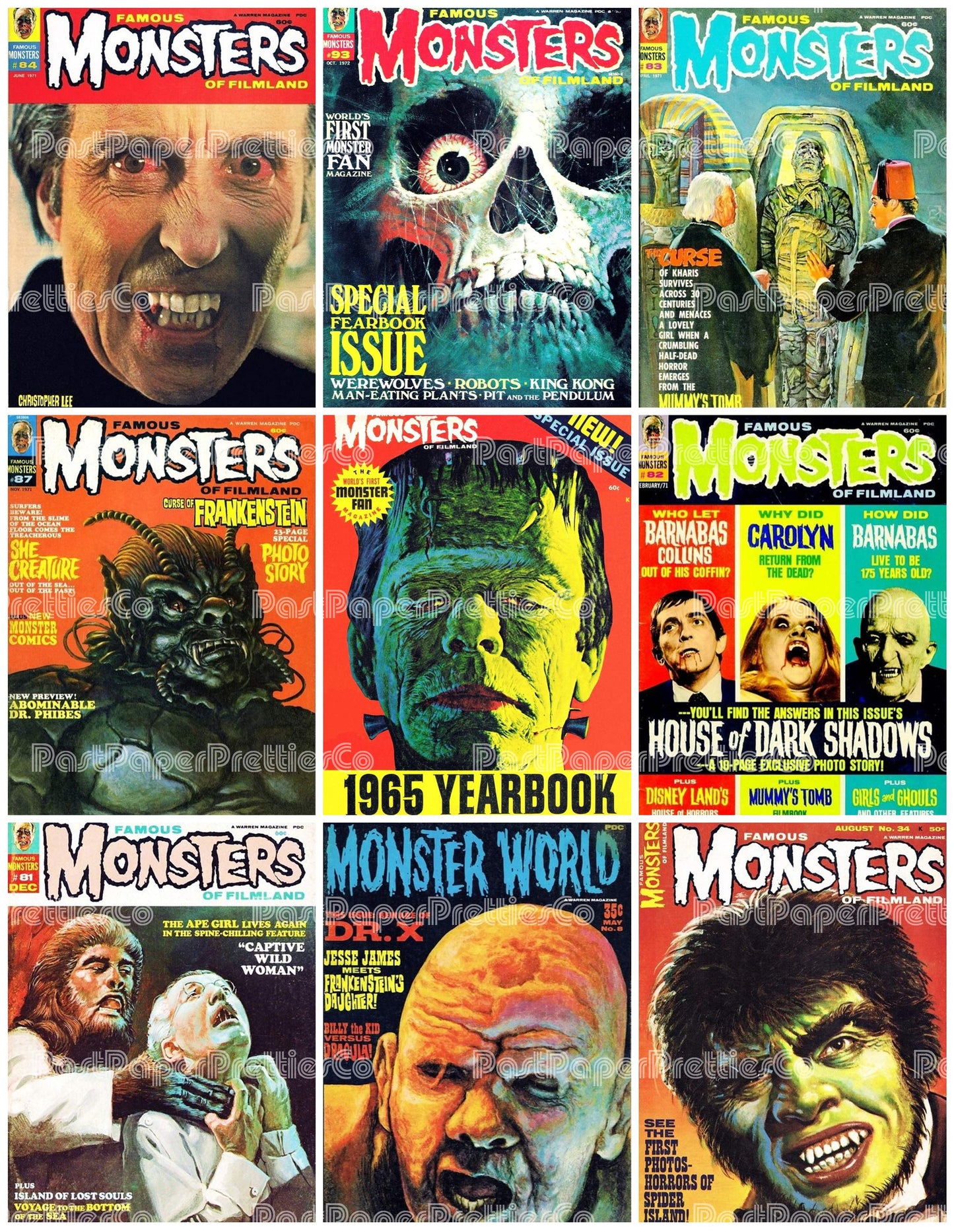 Vintage Retro Movie Monster Magazine Covers Collage Images Halloween PDF Instant Digital Download 24x9 Printable Sheets Spooky MCM Creatures