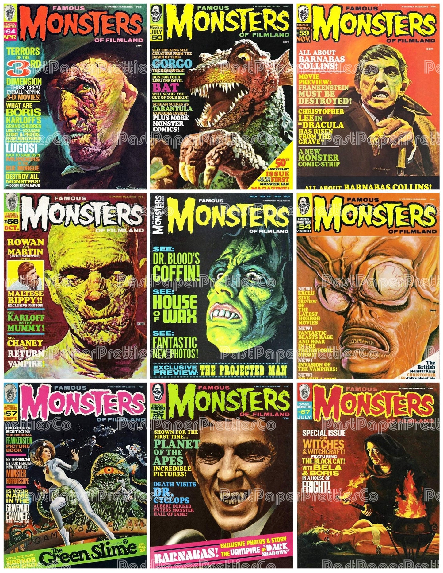 Vintage Retro Movie Monster Magazine Covers Collage Images Halloween PDF Instant Digital Download 24x9 Printable Sheets Spooky MCM Creatures