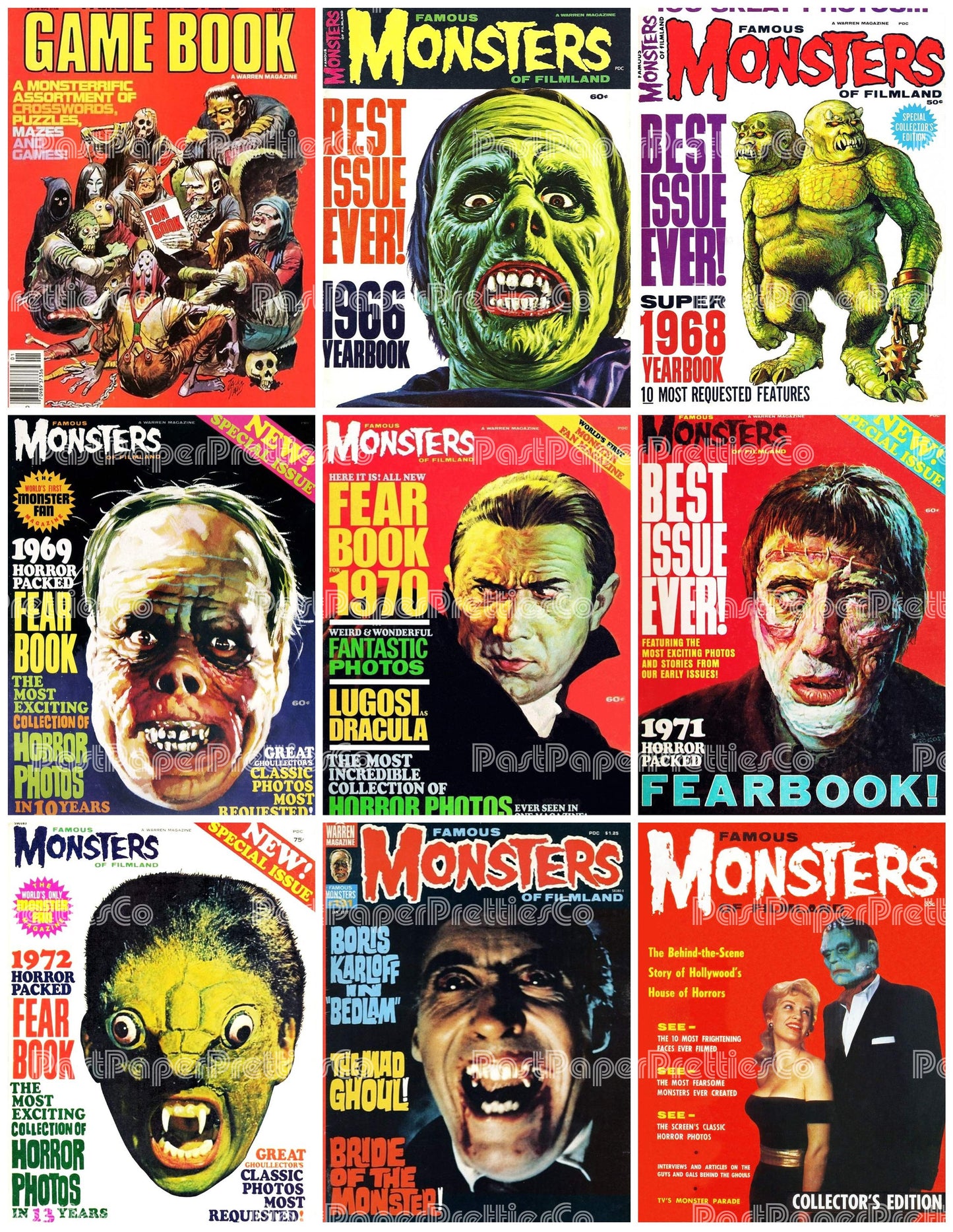 Vintage Retro Movie Monster Magazine Covers Collage Images Halloween PDF Instant Digital Download 24x9 Printable Sheets Spooky MCM Creatures