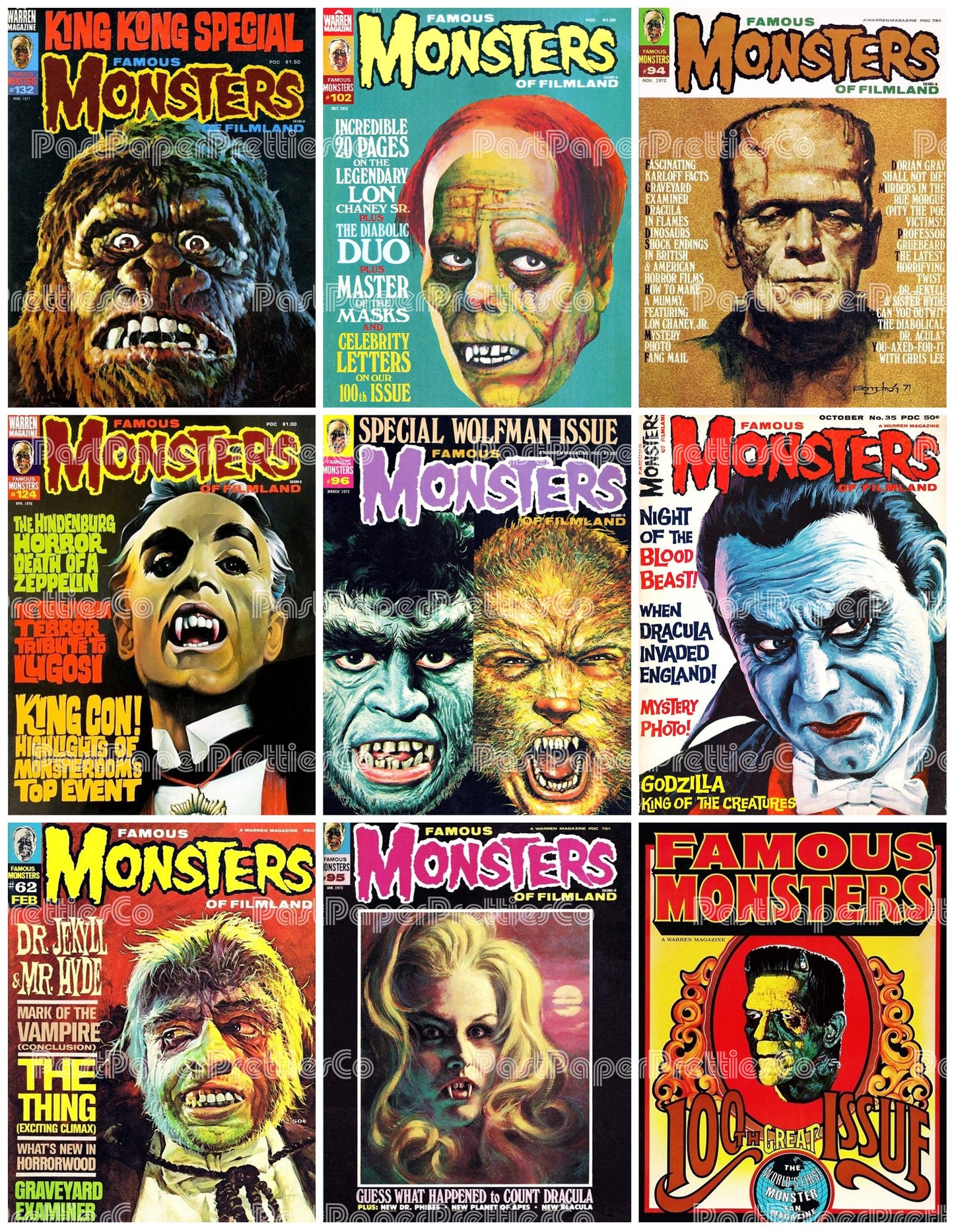 Vintage Retro Movie Monster Magazine Covers Collage Images Halloween PDF Instant Digital Download 24x9 Printable Sheets Spooky MCM Creatures