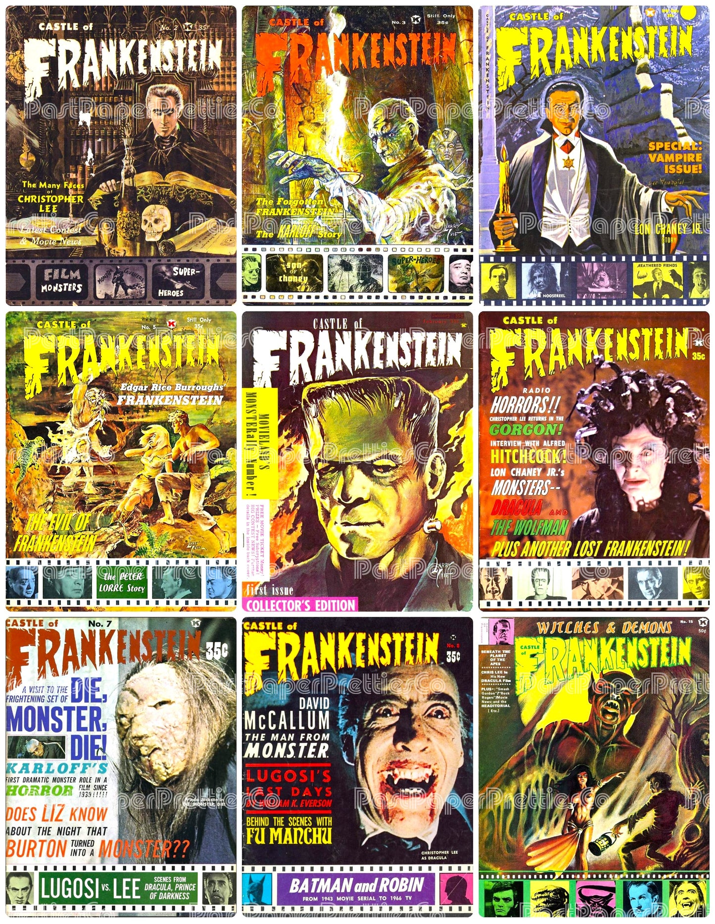 Vintage Retro Movie Monster Magazine Covers Collage Images Halloween PDF Instant Digital Download 24x9 Printable Sheets Spooky MCM Creatures