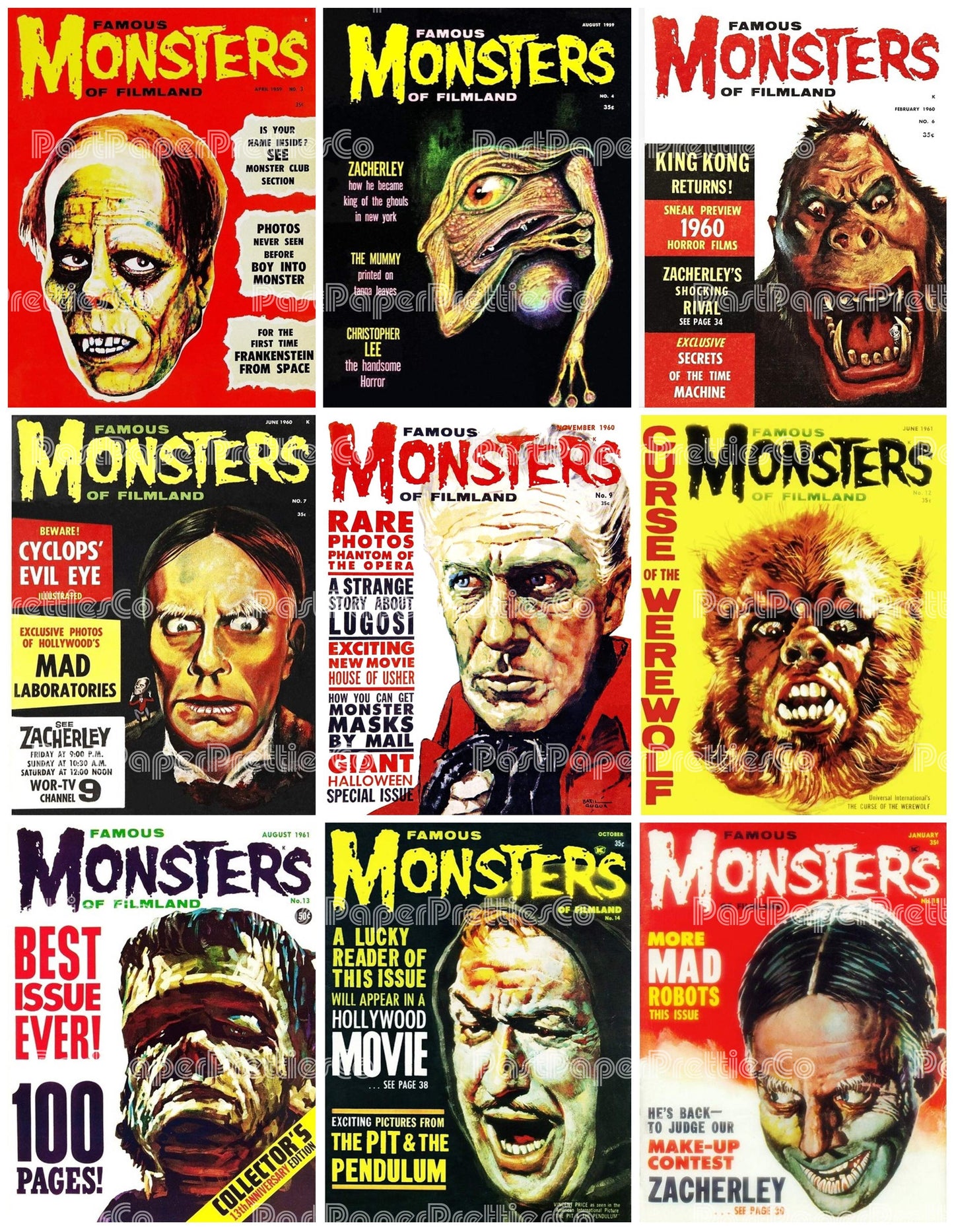 Vintage Retro Movie Monster Magazine Covers Collage Images Halloween PDF Instant Digital Download 24x9 Printable Sheets Spooky MCM Creatures