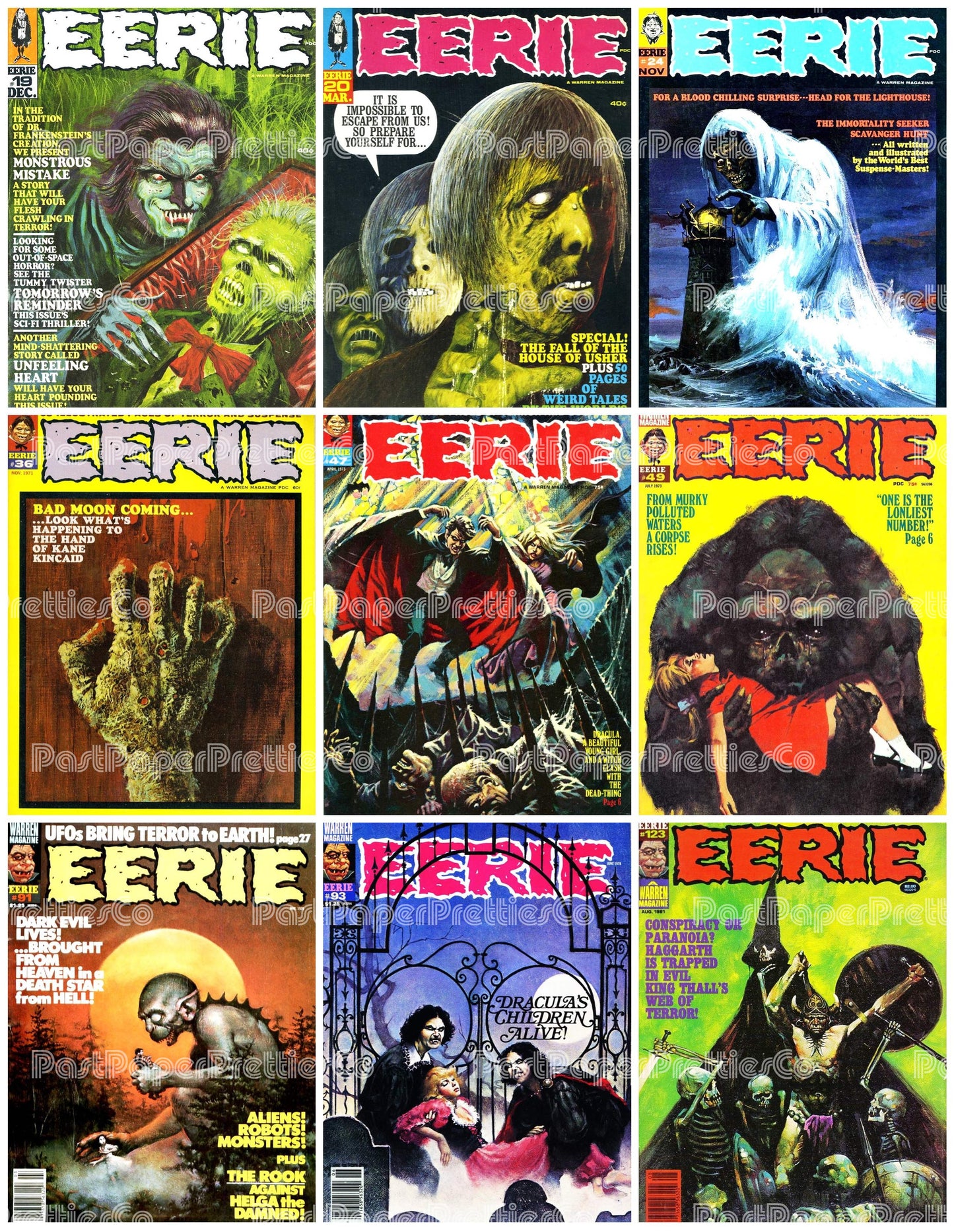 Vintage Retro Movie Monster Magazine Covers Collage Images Halloween PDF Instant Digital Download 24x9 Printable Sheets Spooky MCM Creatures