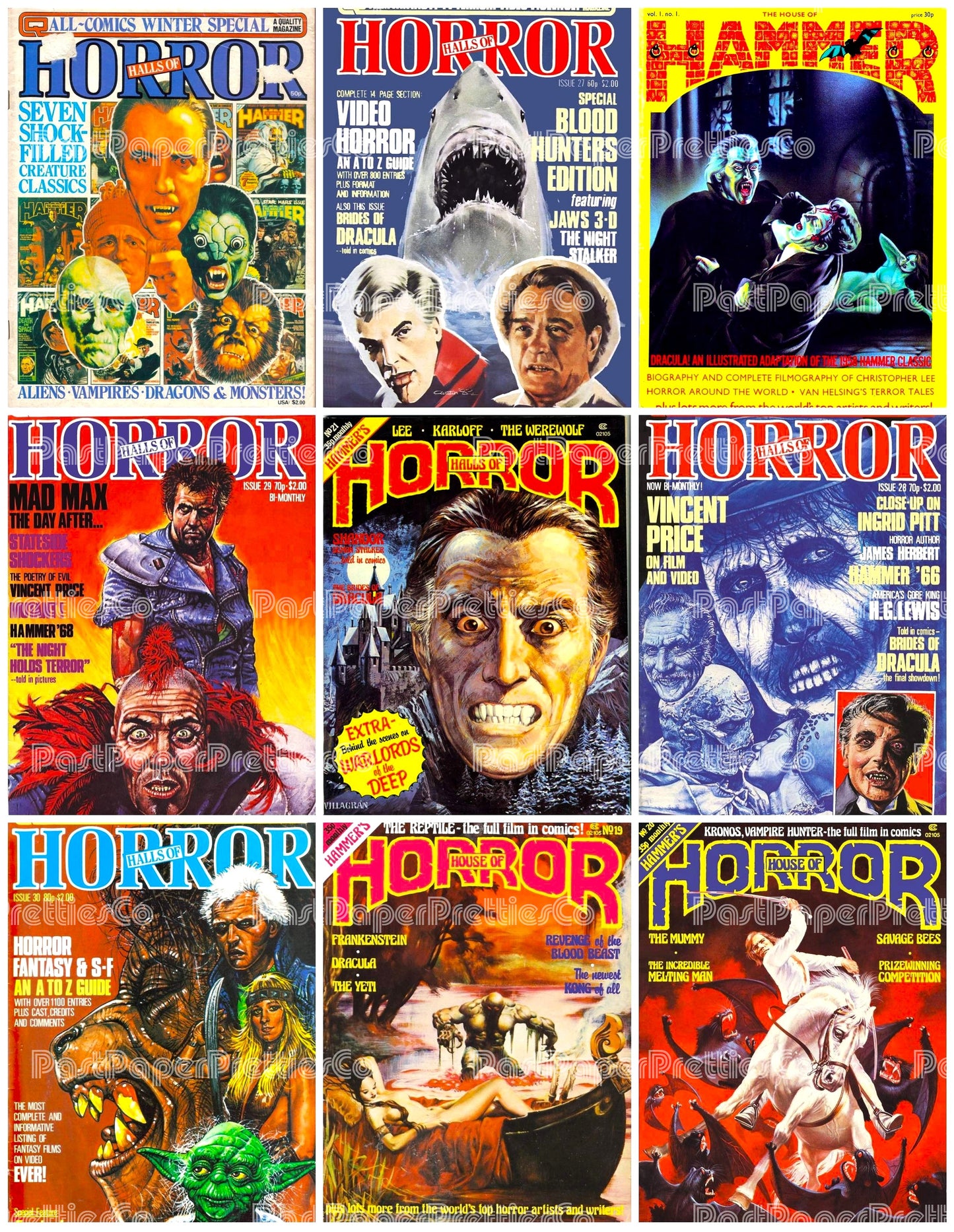 Vintage Retro Movie Monster Magazine Covers Collage Images Halloween PDF Instant Digital Download 24x9 Printable Sheets Spooky MCM Creatures