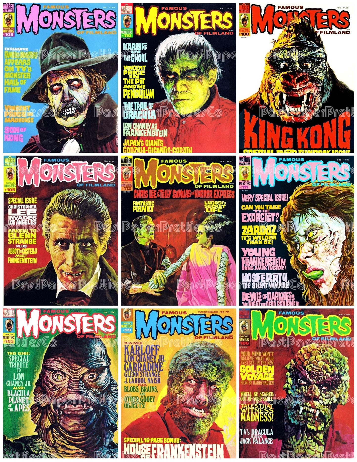 Vintage Retro Movie Monster Magazine Covers Collage Images Halloween PDF Instant Digital Download 24x9 Printable Sheets Spooky MCM Creatures