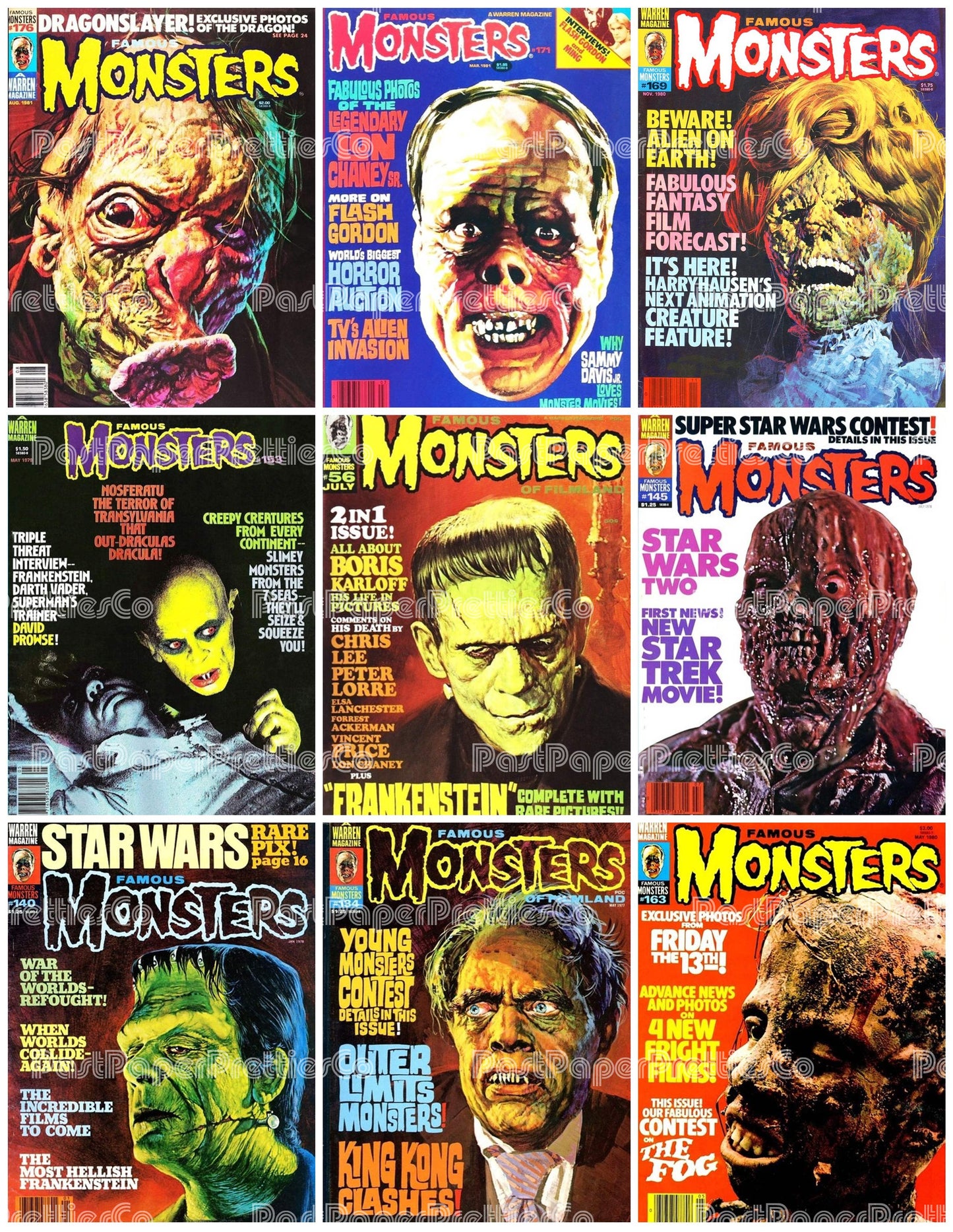 Vintage Retro Movie Monster Magazine Covers Collage Images Halloween PDF Instant Digital Download 24x9 Printable Sheets Spooky MCM Creatures
