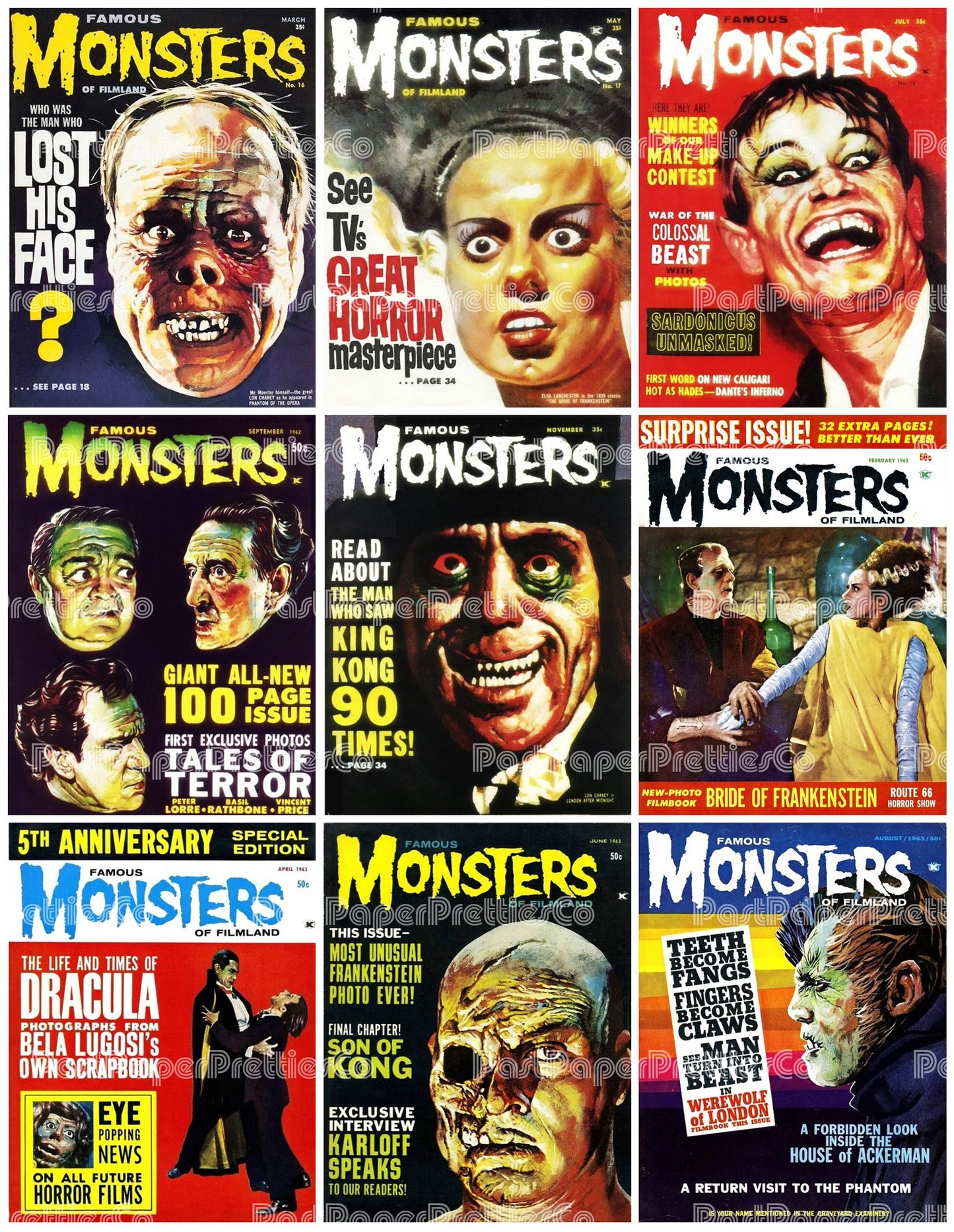 Vintage Retro Movie Monster Magazine Covers Collage Images Halloween PDF Instant Digital Download 24x9 Printable Sheets Spooky MCM Creatures