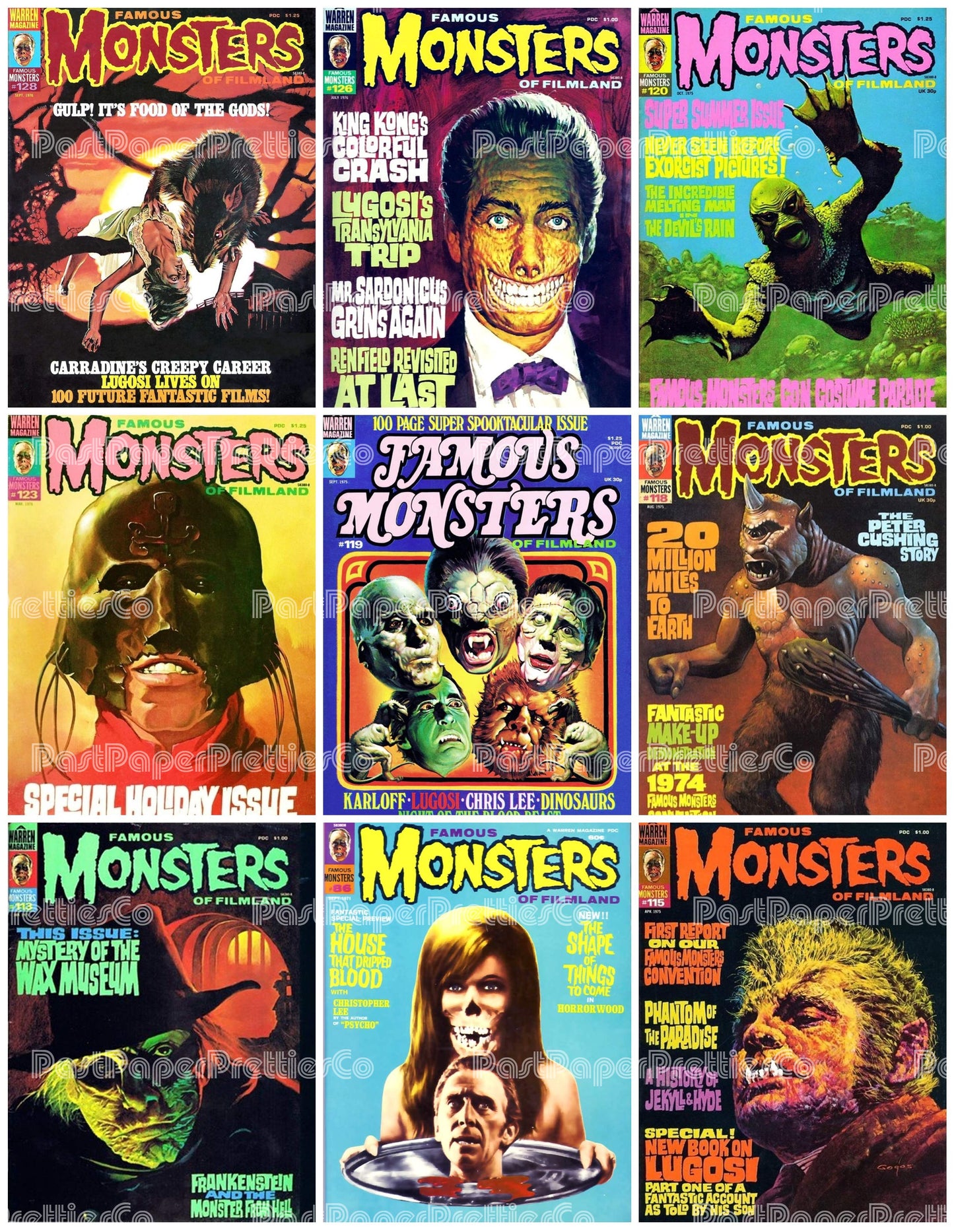 Vintage Retro Movie Monster Magazine Covers Collage Images Halloween PDF Instant Digital Download 24x9 Printable Sheets Spooky MCM Creatures