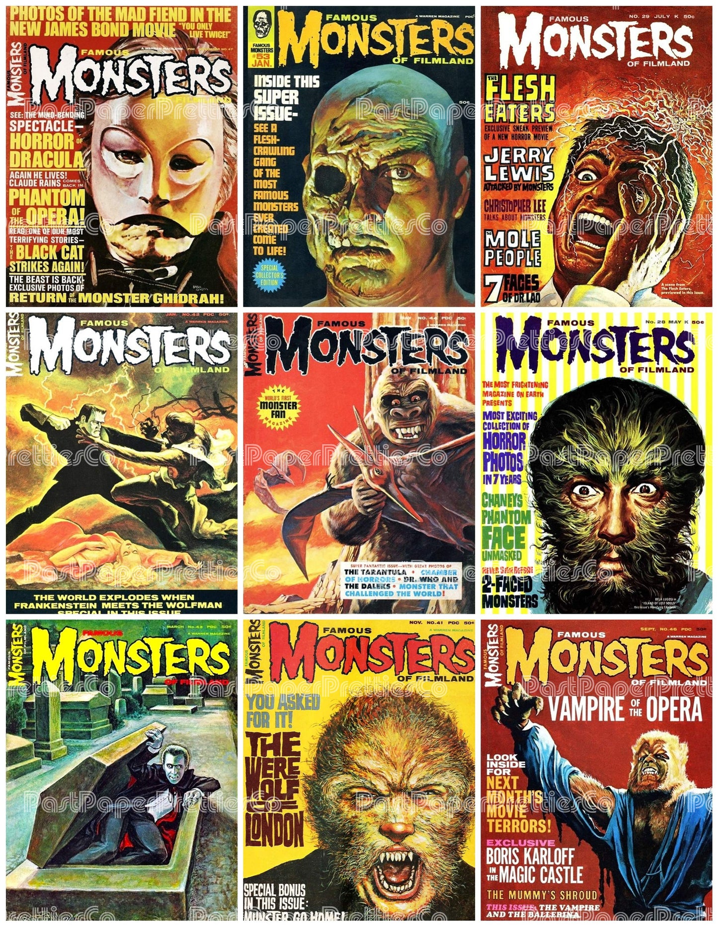 Vintage Retro Movie Monster Magazine Covers Collage Images Halloween PDF Instant Digital Download 24x9 Printable Sheets Spooky MCM Creatures