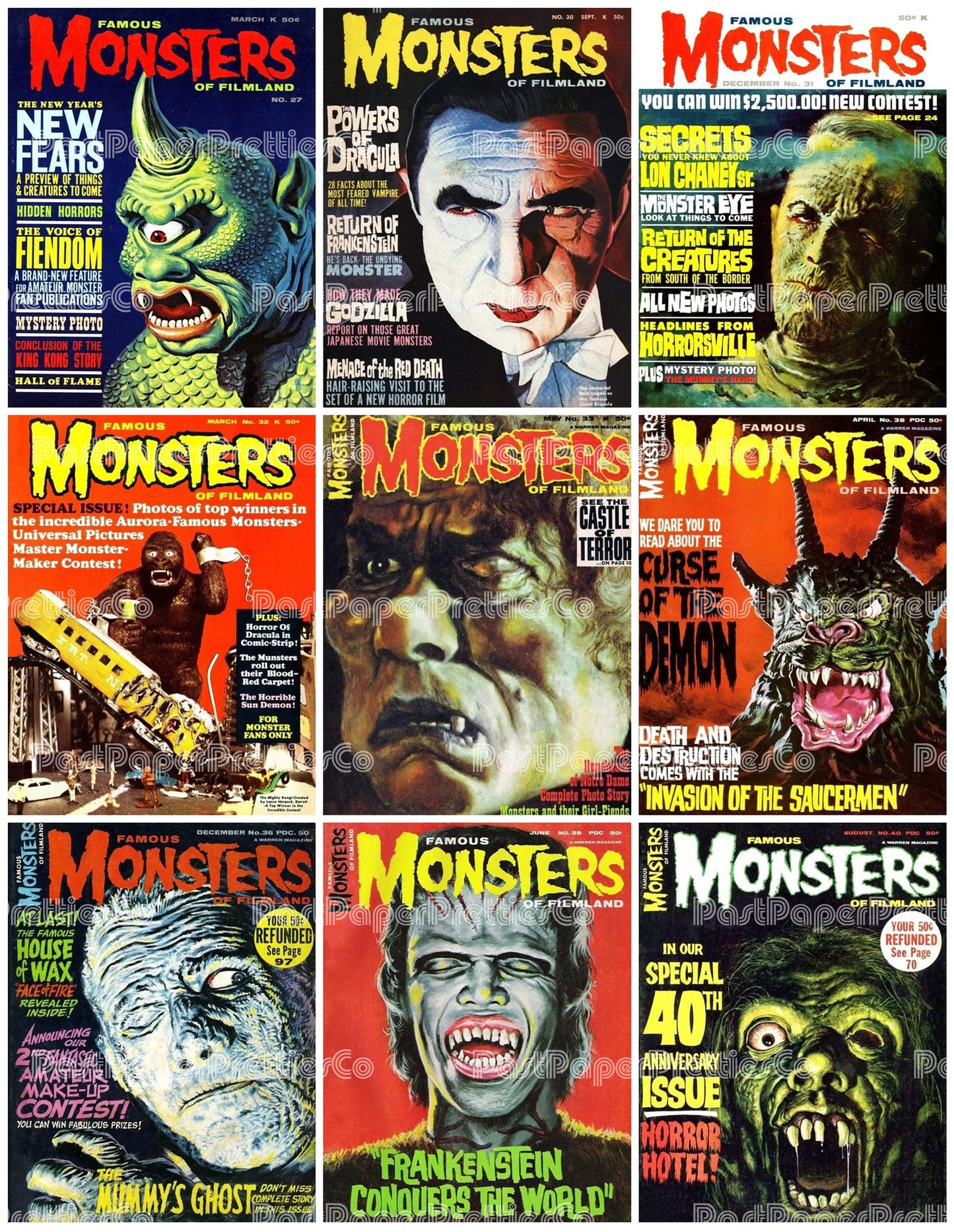 Vintage Retro Movie Monster Magazine Covers Collage Images Halloween PDF Instant Digital Download 24x9 Printable Sheets Spooky MCM Creatures