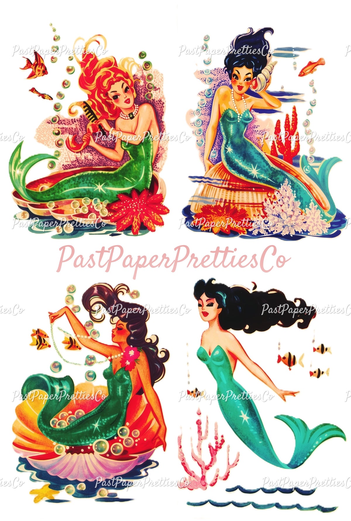 Vintage Printable Mermaids Decal Images Two Sheet Set PDF Instant Digital Download Under The Sea Art Clipart