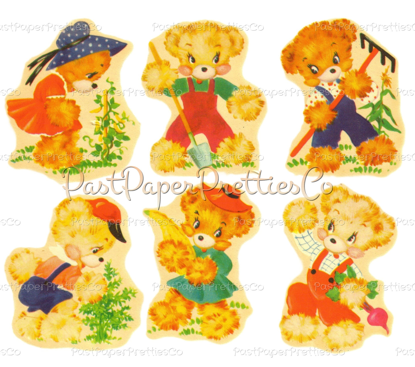 Vintage Retro Nursery Cute Busy Bears Printable Decals Images Collage Sheet Instant Digital Download Cute Kitsch Teddy Bears 1960s