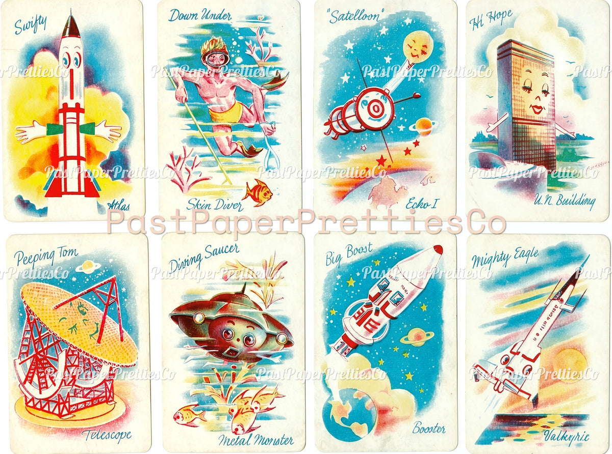 Vintage Printable Space Age Old Maid Playing Cards Sci-Fi Collage Set PDF Instant Digital Download Retro Classic 60s Card Game