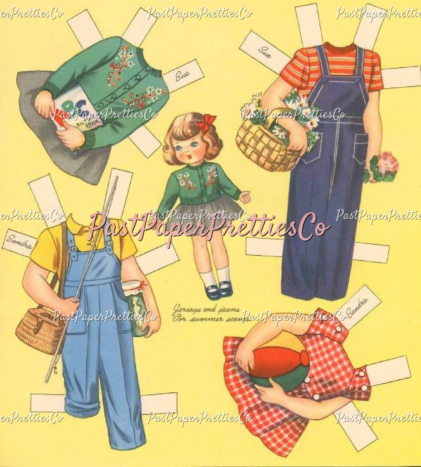 Vintage Paper Dolls Sandra and Sue 1948 PDF Instant Digital Download Kitsch Cute Kawaii Girls and Their Toys Printable Clip Art