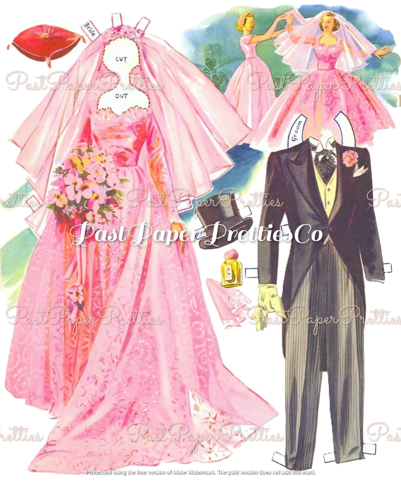 Vintage Paper Dolls The Pink Wedding 1952 Printable PDF Instant Digital Download Wedding 6 Bridal Party Dolls & Clothes