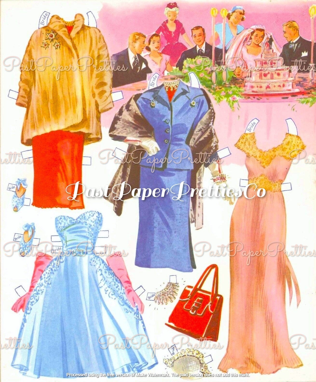 Vintage Paper Dolls The Pink Wedding 1952 Printable PDF Instant Digital Download Wedding 6 Bridal Party Dolls & Clothes