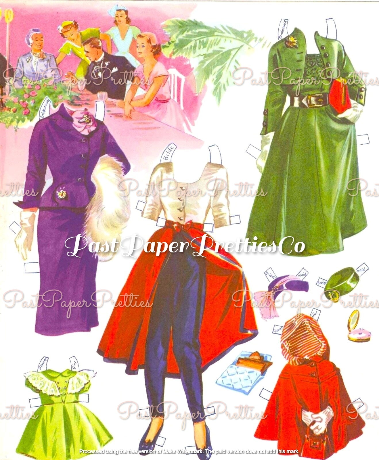 Vintage Paper Dolls The Pink Wedding 1952 Printable PDF Instant Digital Download Wedding 6 Bridal Party Dolls & Clothes