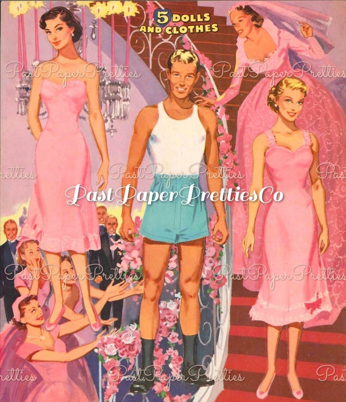 Vintage Paper Dolls The Pink Wedding 1952 Printable PDF Instant Digital Download Wedding 6 Bridal Party Dolls & Clothes