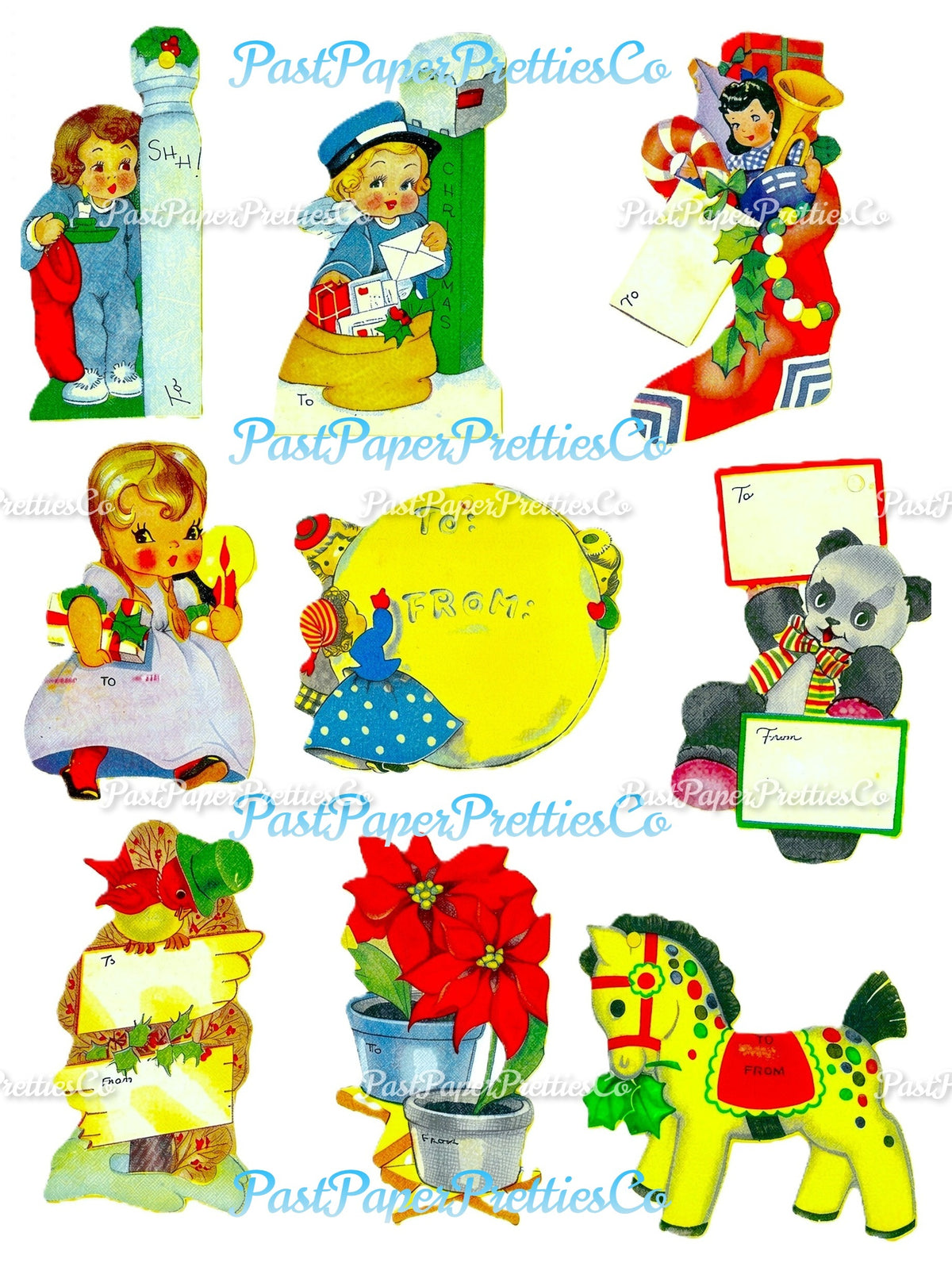 Vintage Printable Christmas Seals Stickers Collage PDF Instant Digital Download Retro 1930s 1940s Mid Century Cute Holiday Clipart