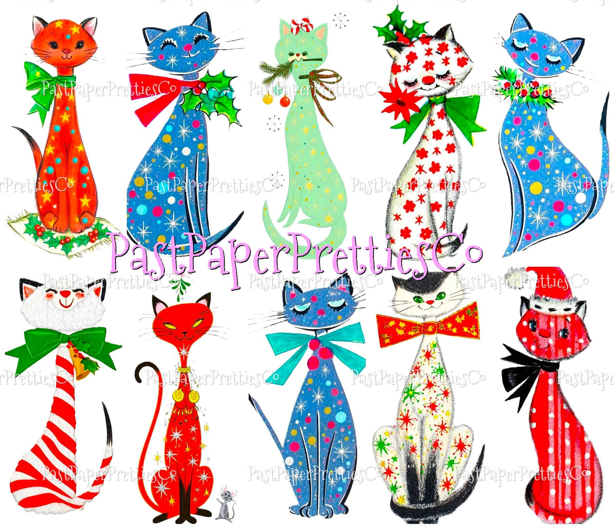 Vintage Retro Atomic Mod Christmas Kitty Cats 20 Kitsch Images Printable PDF Instant Digital Download Kitschmas Holiday Clipart