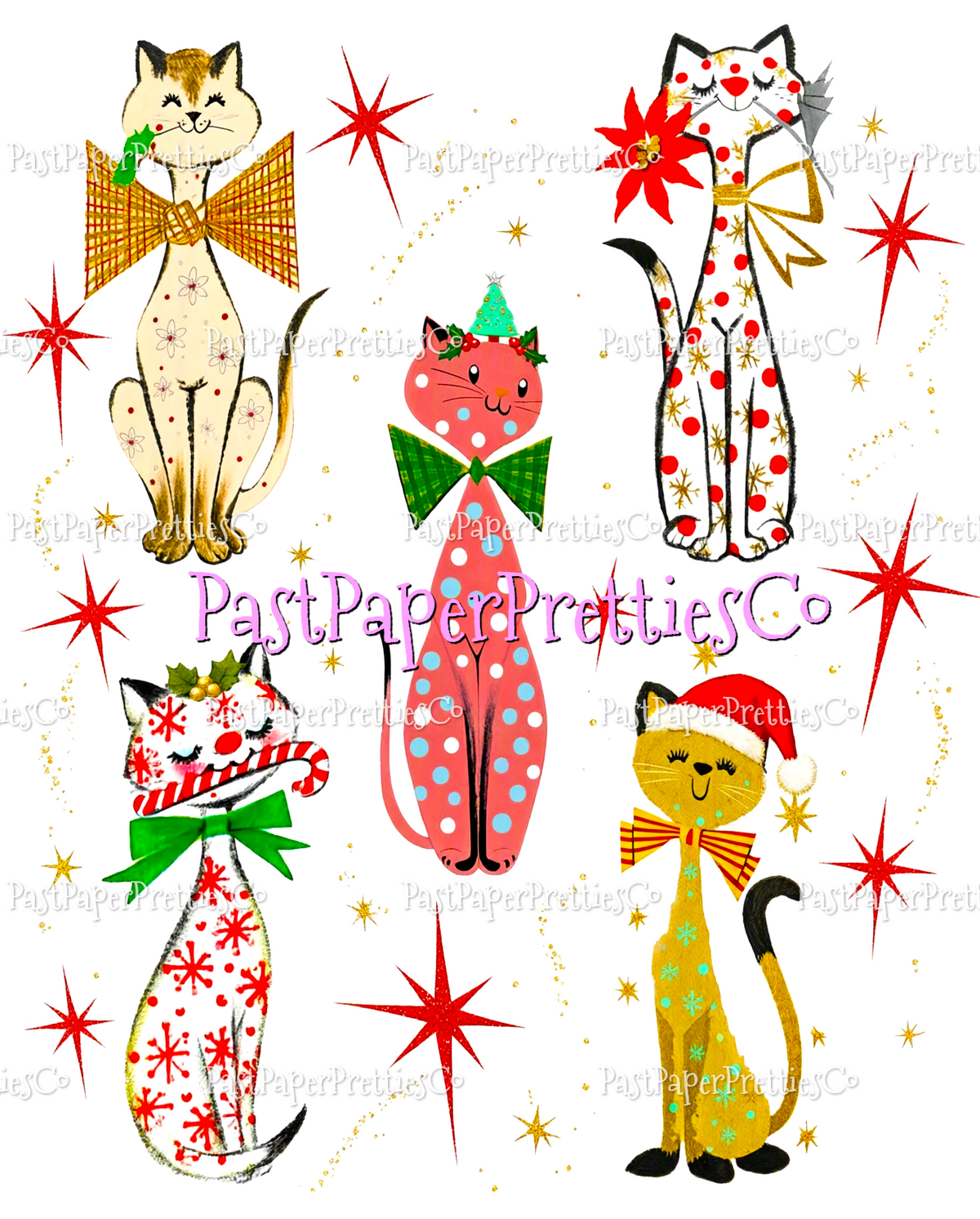 Vintage Retro Atomic Mod Christmas Kitty Cats 20 Kitsch Images Printable PDF Instant Digital Download Kitschmas Holiday Clipart