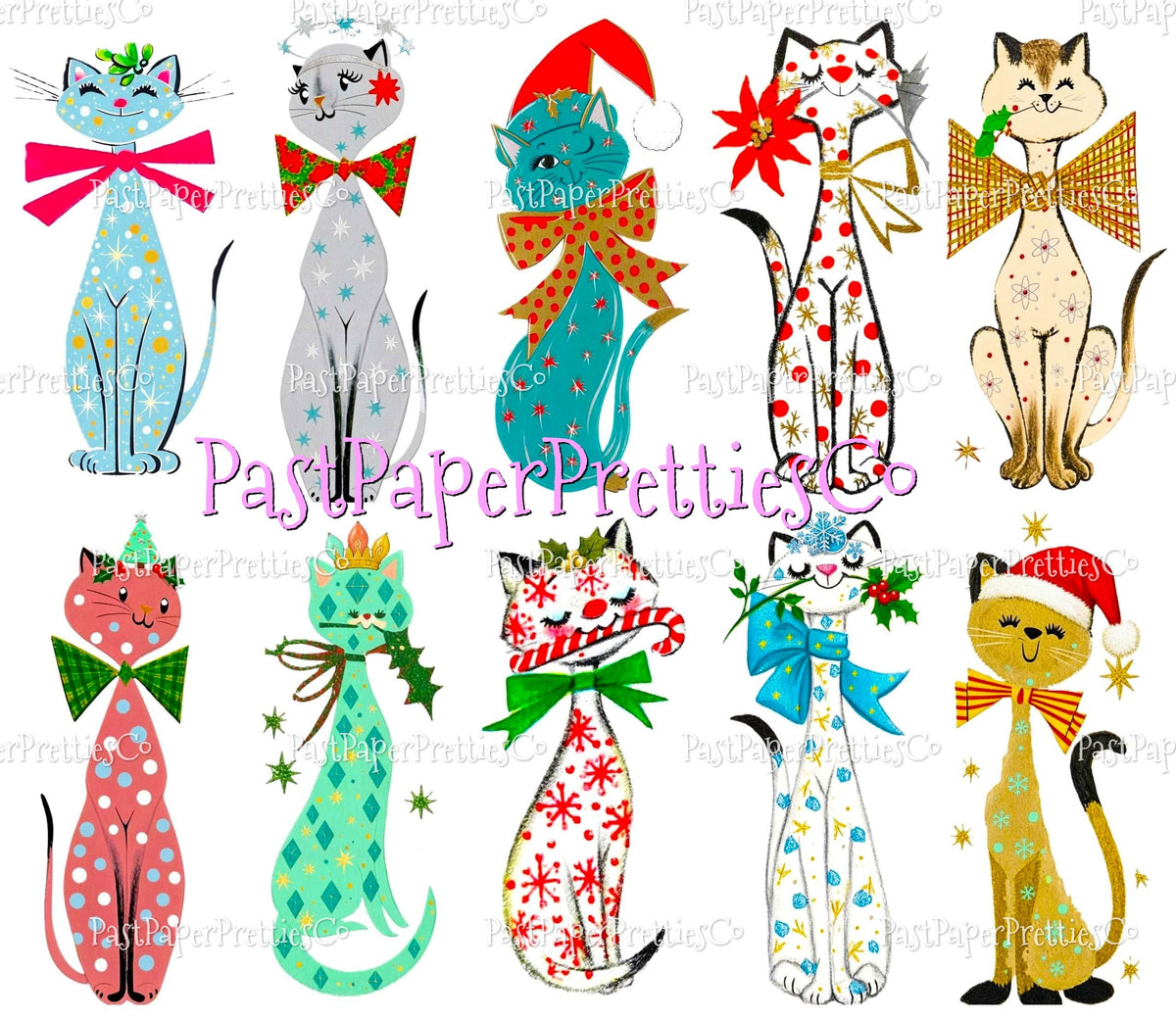 Vintage Retro Atomic Mod Christmas Kitty Cats 20 Kitsch Images Printable PDF Instant Digital Download Kitschmas Holiday Clipart