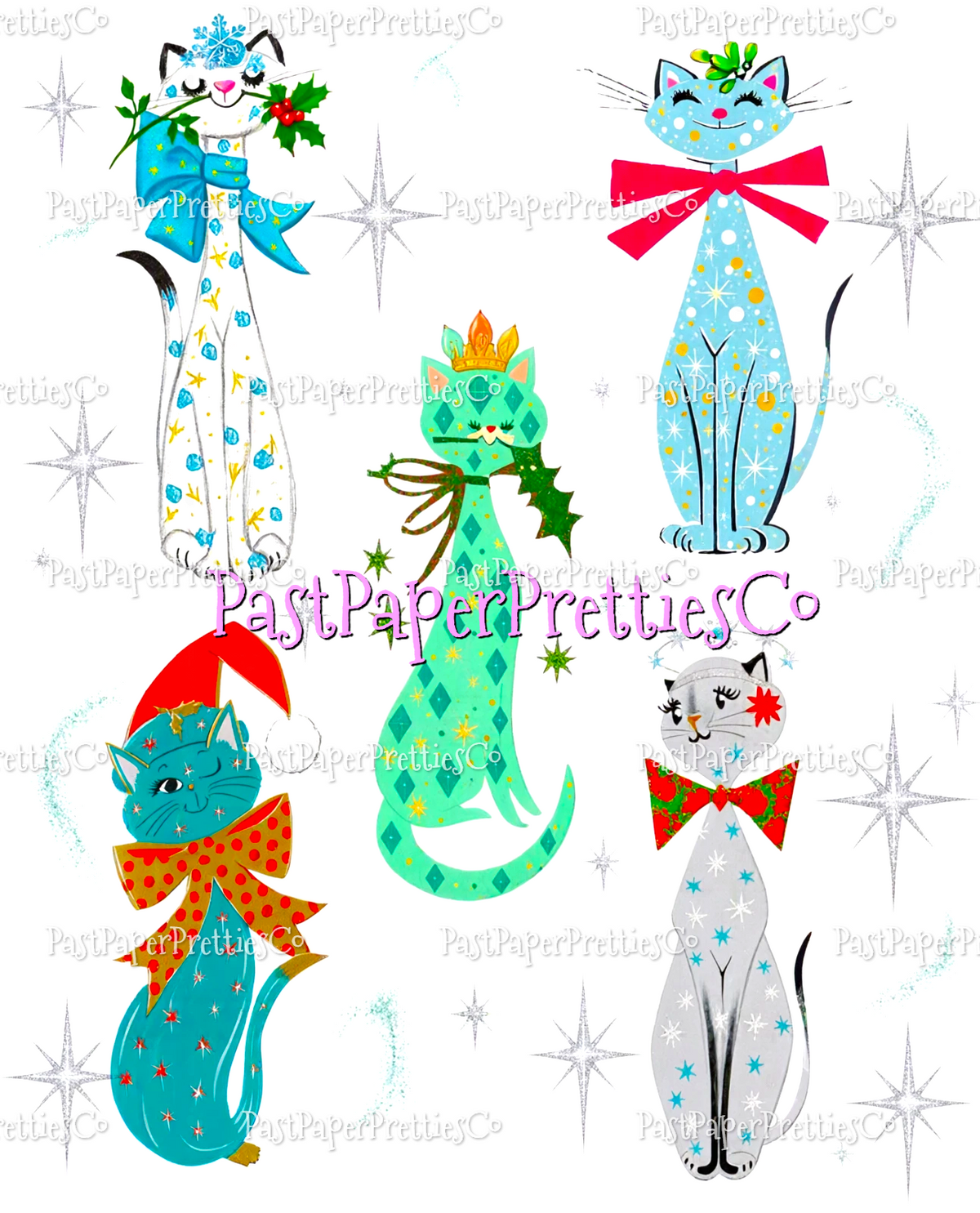 Vintage Retro Atomic Mod Christmas Kitty Cats 20 Kitsch Images Printable PDF Instant Digital Download Kitschmas Holiday Clipart