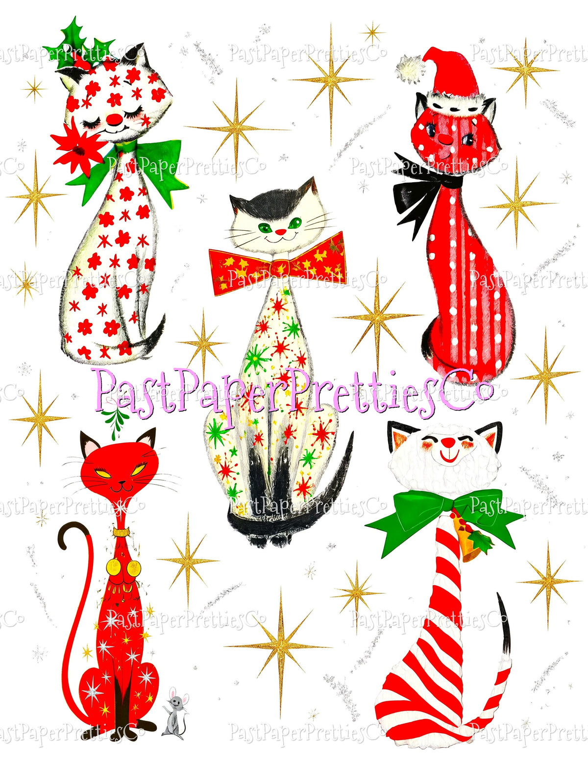 Vintage Retro Atomic Mod Christmas Kitty Cats 20 Kitsch Images Printable PDF Instant Digital Download Kitschmas Holiday Clipart